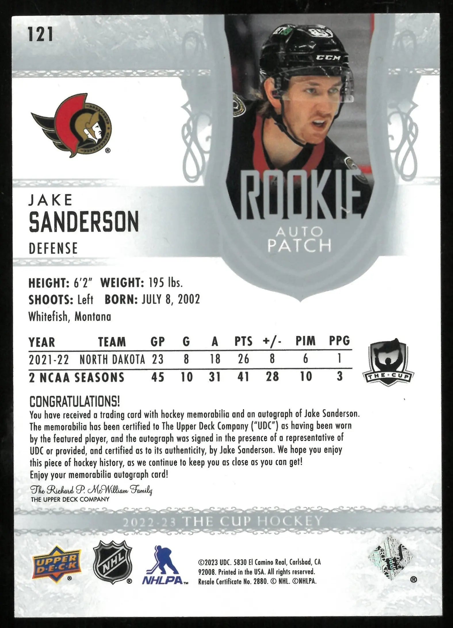 2022-23 Upper Deck The Cup Jake Sanderson Rookie Patch Autograph Card #/249 - NHL Hockey Collectible for Fans & Investors