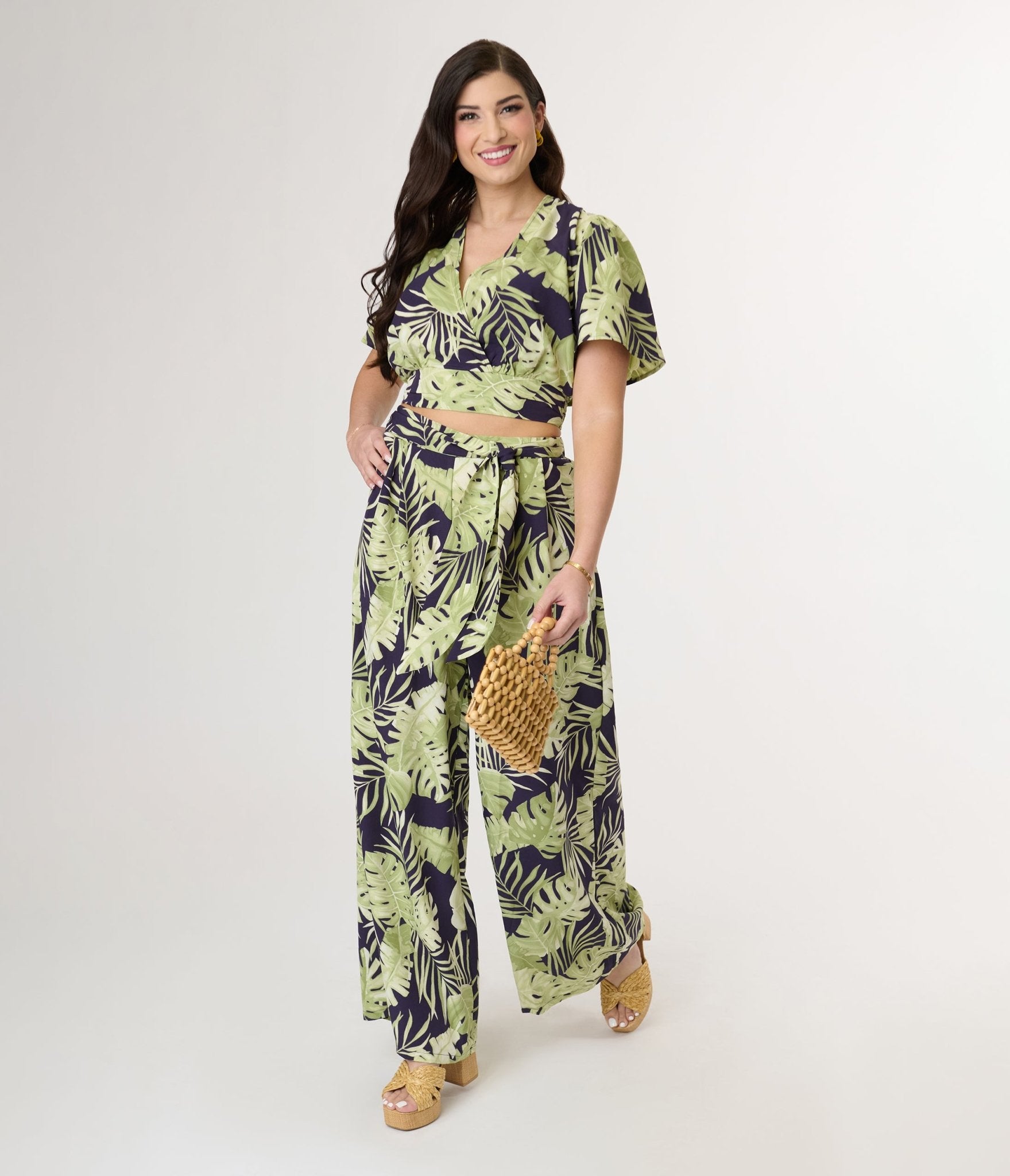 Women's Navy & Green Tropical Print Crop Top - Summer Beach Vacation Boho Chic Shirt for Women | Perfect for Pool Parties, Music Festivals & Casual Outings