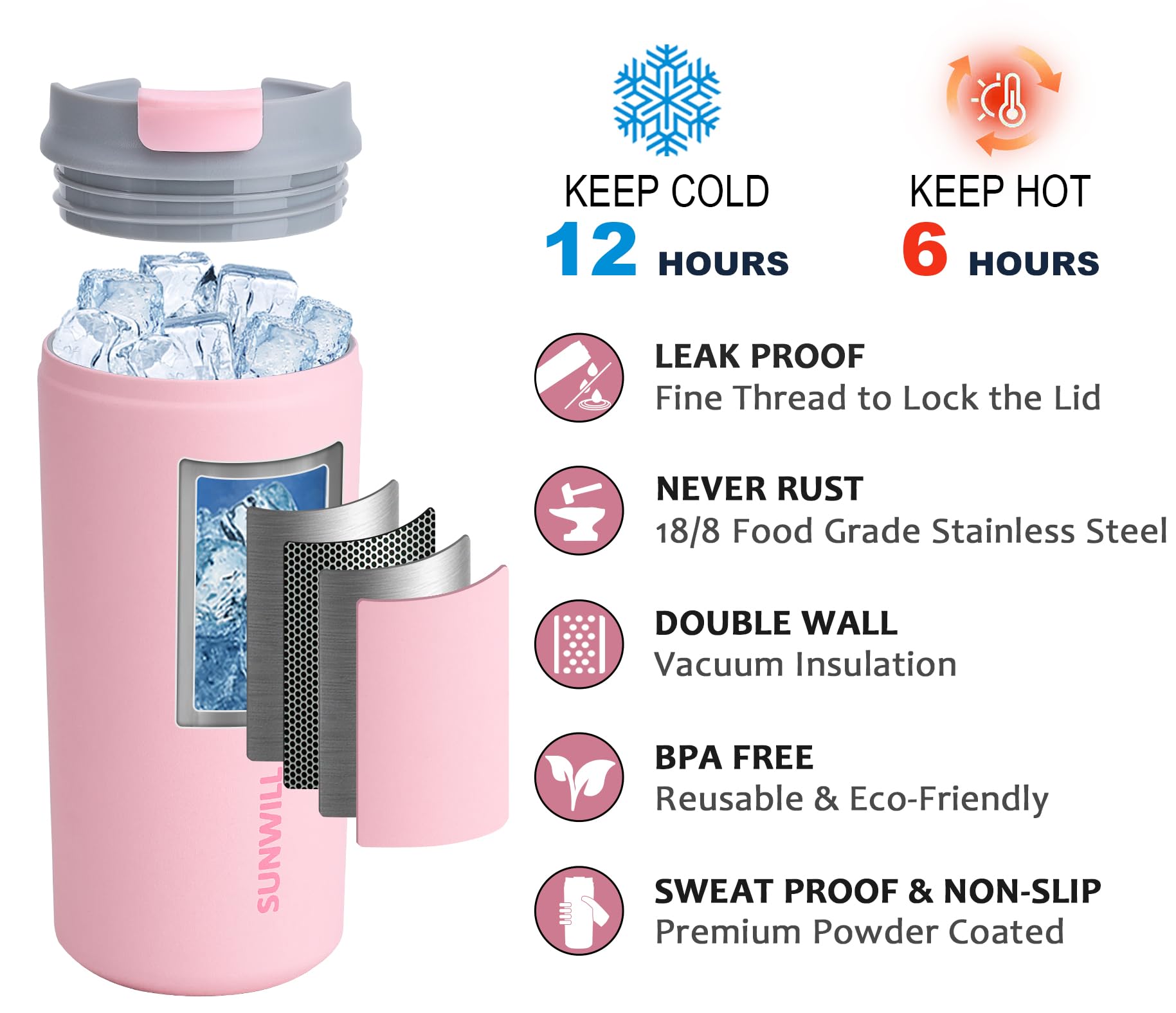 SUNWILL 12 oz Stainless Steel Insulated Coffee Mug with Lid - Leak Proof Travel Tumbler, Powder Coated Light Pink - Perfect for Office, Home, Commuting & Outdoor Activities