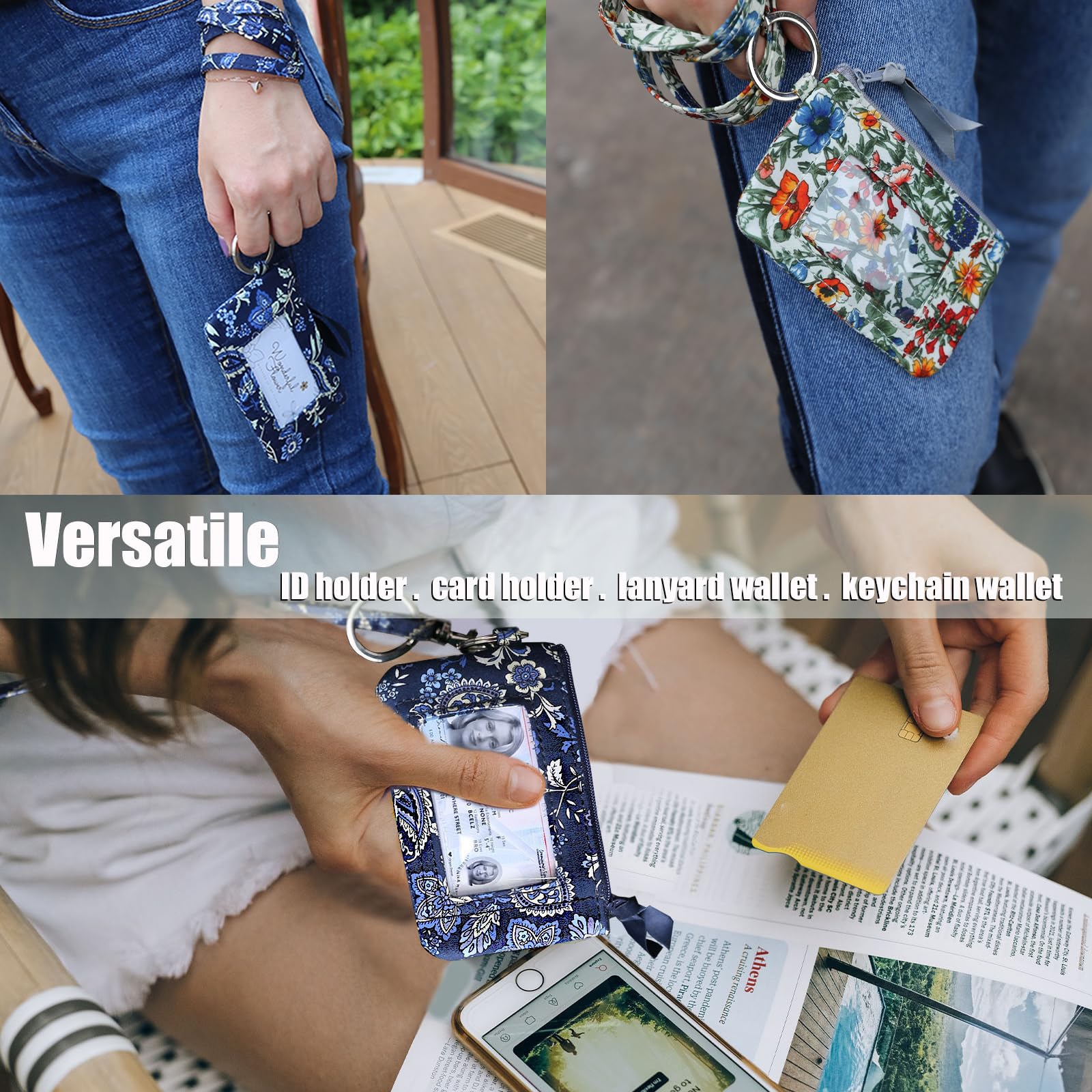 Wonderful Flower Lanyard Wallet with ID Holder - Cotton Zippered ID Case & Card Holder - Dark Gray Badge Lanyard for Work, School, Events & Travel Accessories