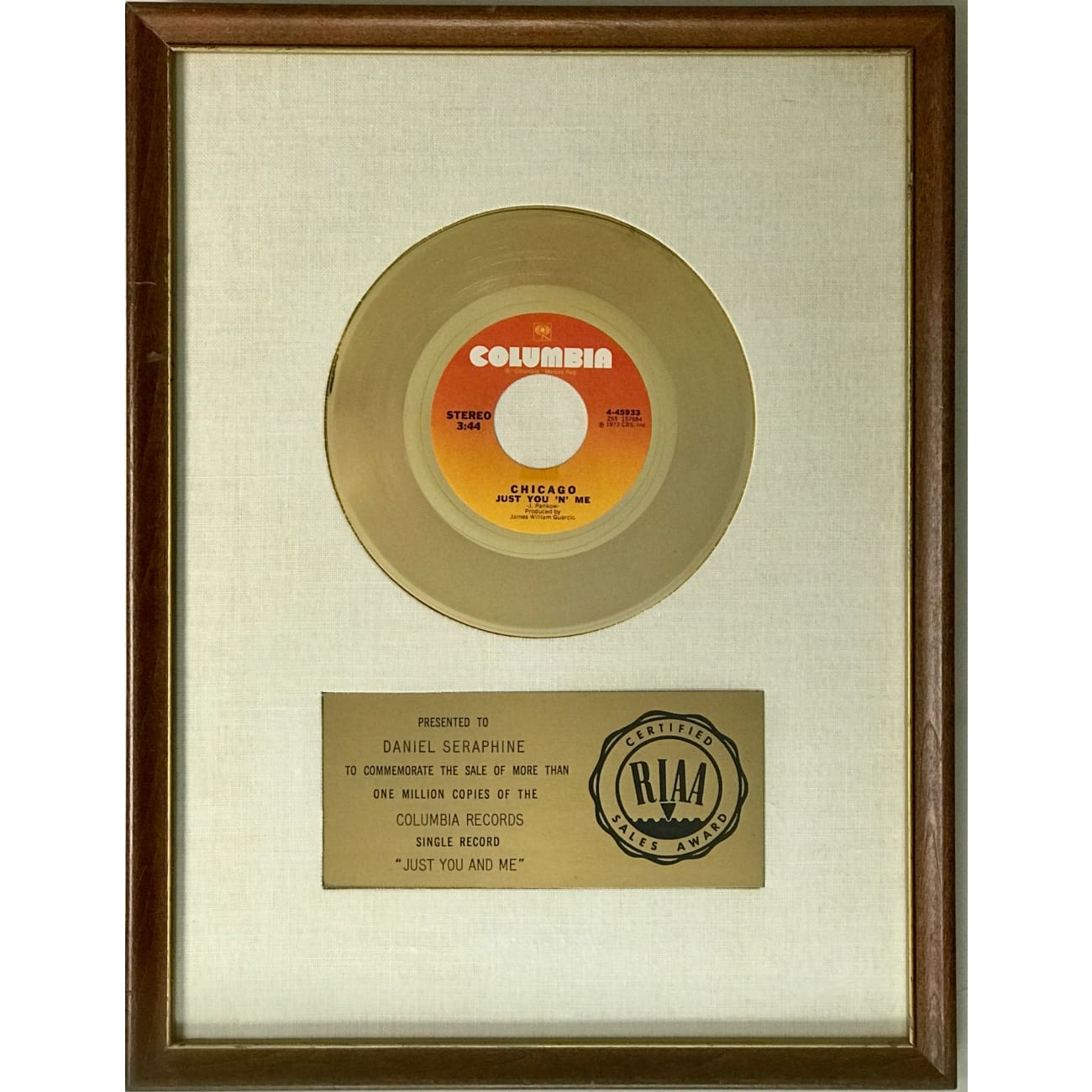 Chicago Just You 'N' Me White Matte RIAA Gold 45 Award - Rare Collectible for Founding Member | Perfect for Music Memorabilia Displays & Collector's Showcases