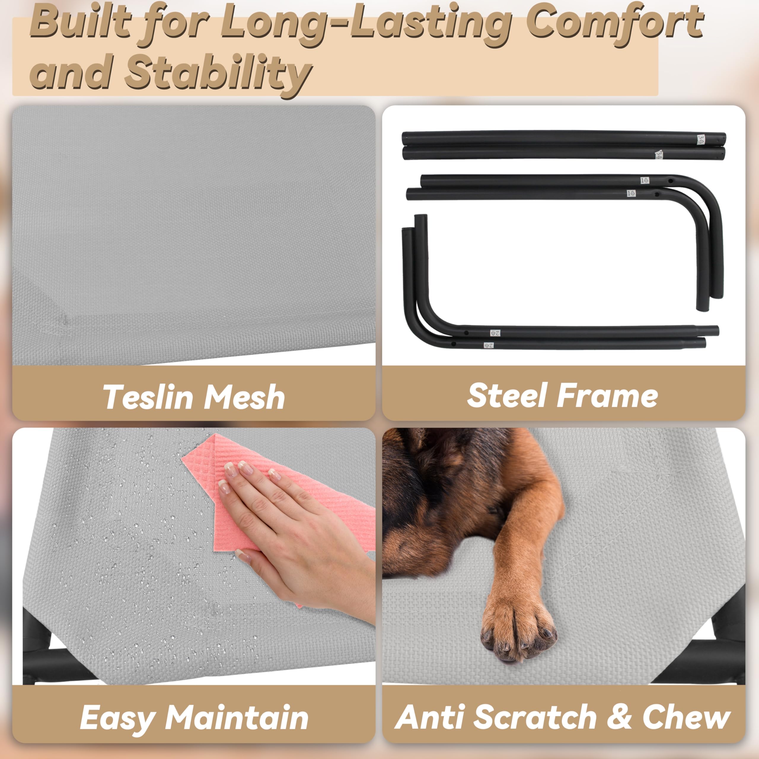 PHYEX Elevated Dog Bed for Small Dogs - Breathable Mesh Cooling Cot with Sturdy Steel Frame - Indoor & Outdoor Pet Bed - Non-Slip, Easy to Clean - 33 Inch Grey - Perfect for Patio, Camping & Hot Weather Use