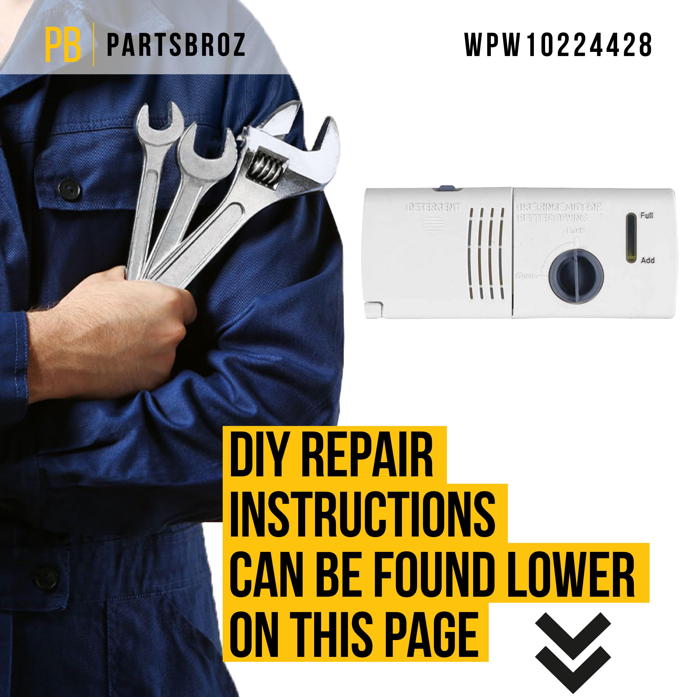PartsBroz WPW10224428 Dishwasher Detergent Dispenser - Compatible with Whirlpool, Kenmore, Estate & Inglis Dishwashers - Replaces AP6017357, 1515027, PS11750654, W10195169, DU1055XTVQ0, DU1055XTVS3, DU1100XTPQB - Perfect for Kitchen Appliance Repair & Maintenance