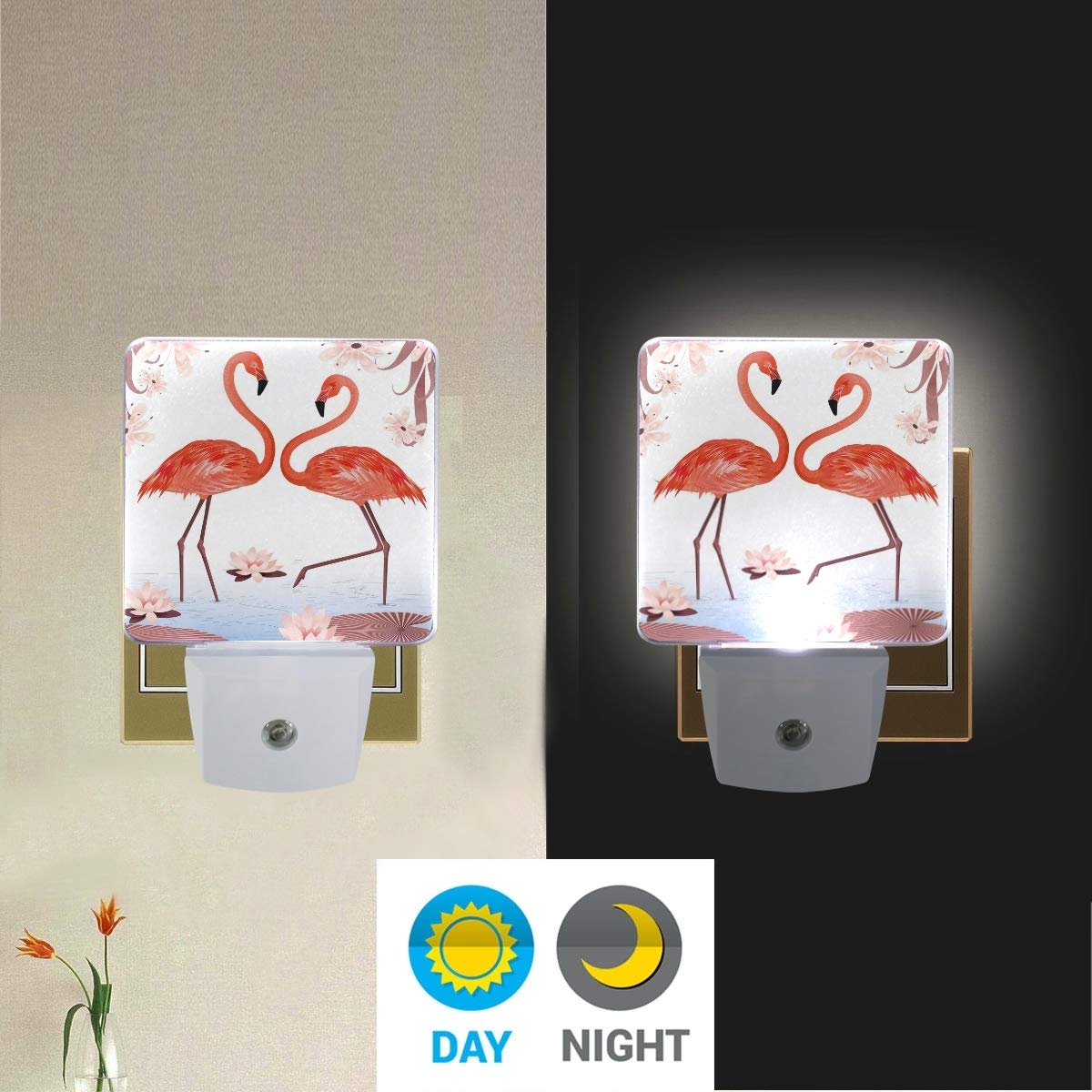 ALAZA 2 Pack LED Night Light with Flamingo & Water Lily Design - Dusk to Dawn Sensor, Plug-in Desk Lamp for Home Decor, Bedroom, Nursery, or Office