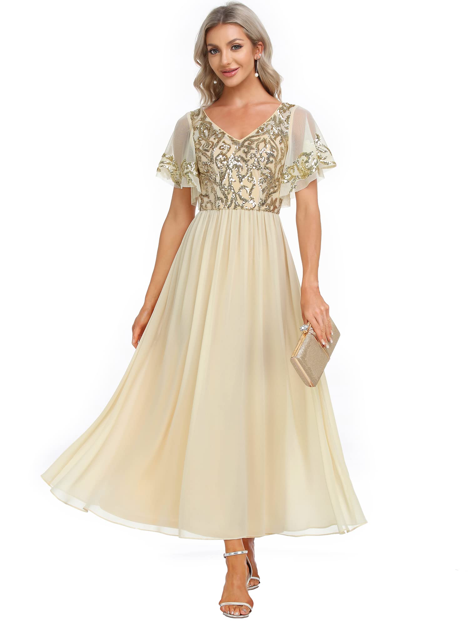 Ever-Pretty Women's Elegant V-Neck Sequin Applique Ruffled Sleeve Backless A-Line Evening Gown 01583 - Perfect for Prom, Cocktail Party & Black Tie Events