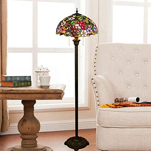 Tiffany Style Floor Lamp with Stained Glass & Flower Grape Design - Rustic Umbrella Shaped 2-Light Floor Lamp for Living Room, Bedroom, or Office Decor