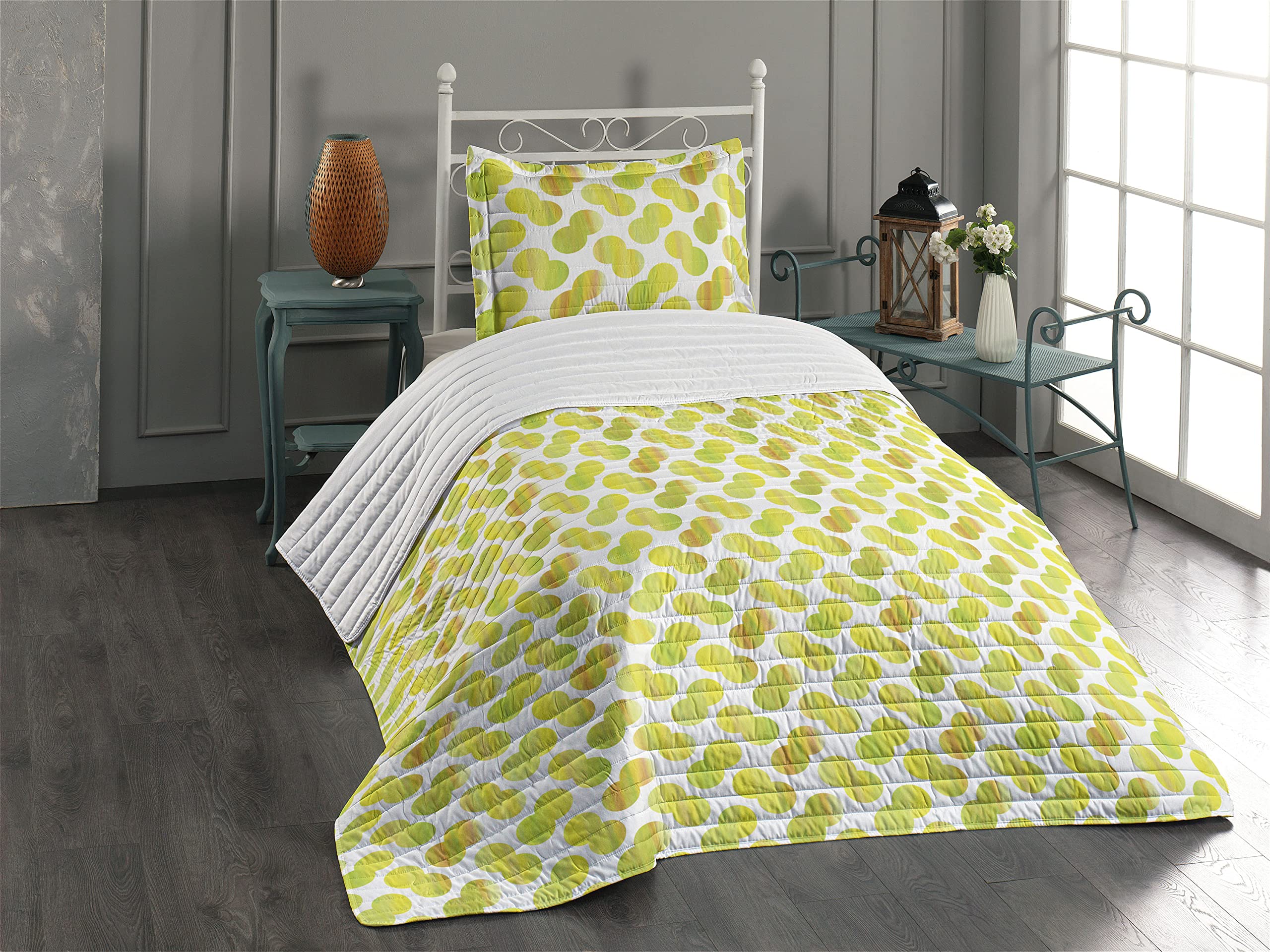Ambesonne Green and White Microfiber Bedspread Set - Watercolor Grunge Pattern Twin Size Bedding with Pillow Sham & Comforter | Soft Summer Bedspread for Guest Rooms, Dorms & Cozy Home Decor