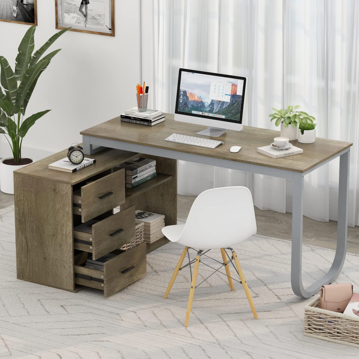 AIEGLE L-Shaped Computer Desk with Drawers & Shelves, Wood Corner Desk Writing Table for Home Office, Executive Workstation - Rustic Brown (55.1