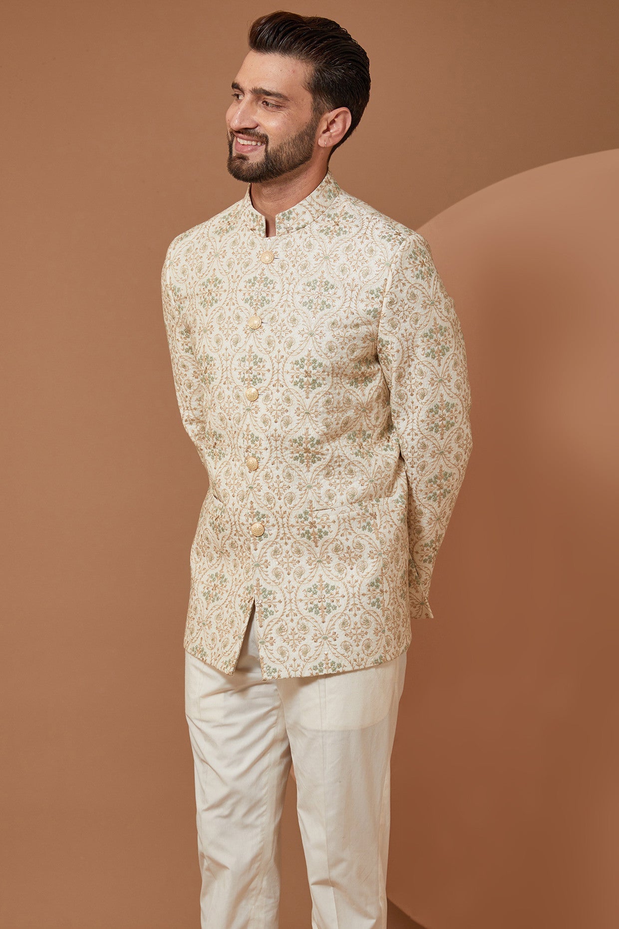 Ivory Cream Embroidered Bandhgala Sherwani for Men | Traditional Indian Wedding Suit | Perfect for Groom Outfit, Festive Occasions & Cultural Events