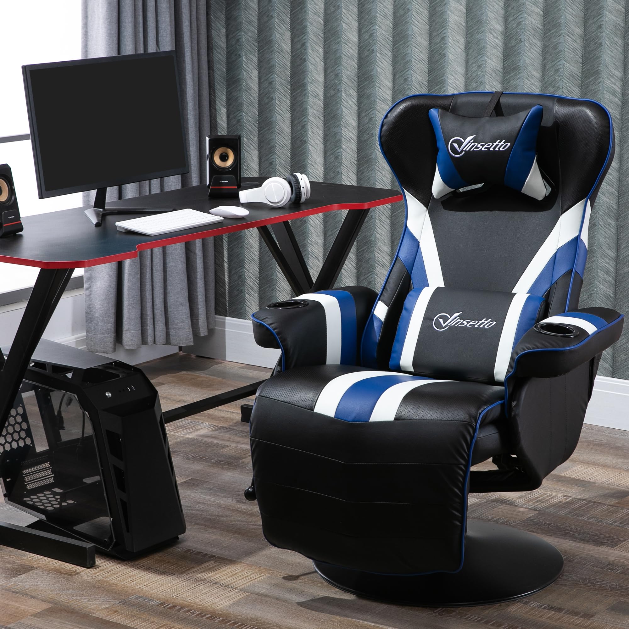 Vinsetto Ergonomic Gaming Chair - Racing Style Computer Recliner with Adjustable Lumbar Support, Retractable Footrest & Cup Holder - Black/White/Blue - Perfect for PC Gaming, Office Work & Home Entertainment