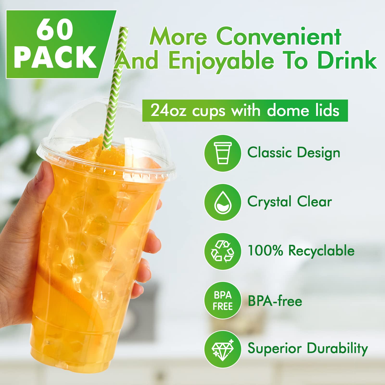 Lilymicky 60-Pack 24 oz Clear Plastic Cups with Dome Lids - Disposable Drinking Cups for Ice Coffee, Smoothies, Frappuccino, Bubble Tea - Perfect for Parties, Cafes, and Takeout Drinks