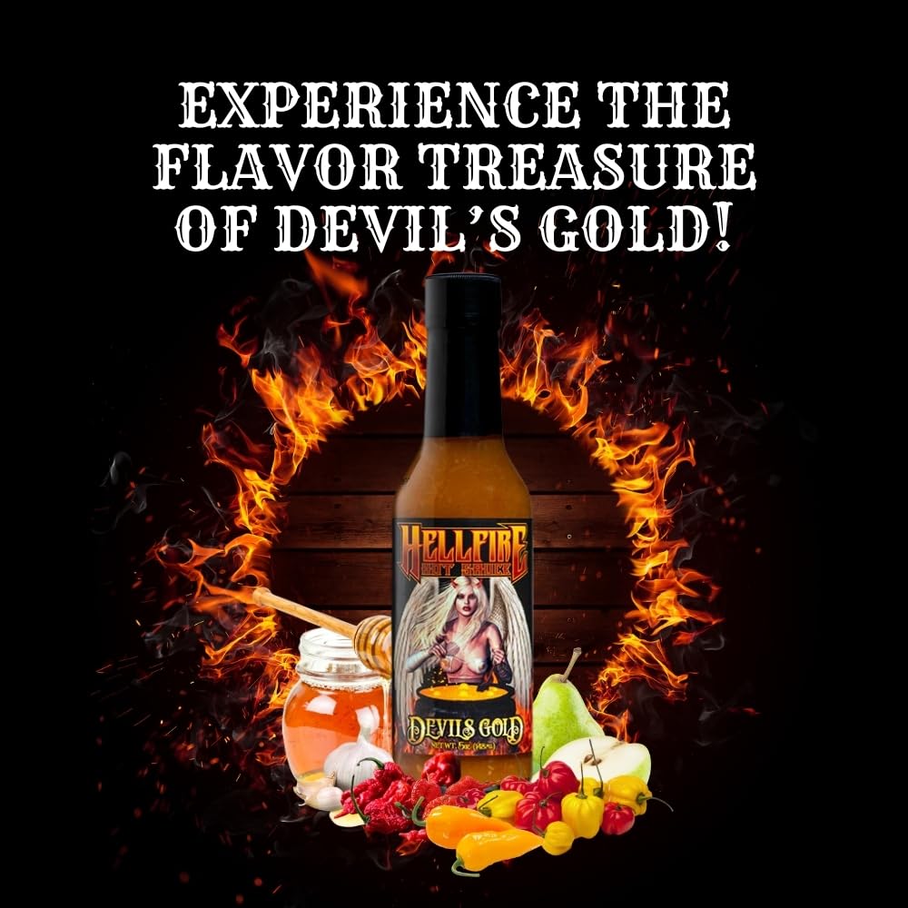 Hellfire Devil's Gold Hot Sauce - Award-Winning Gourmet Hot Sauce with Yellow Super Hot Peppers & Exotic Fruits - Sweet & Spicy Blend - 5 oz Bottle - Perfect for Wings, Tacos, Burgers & BBQ