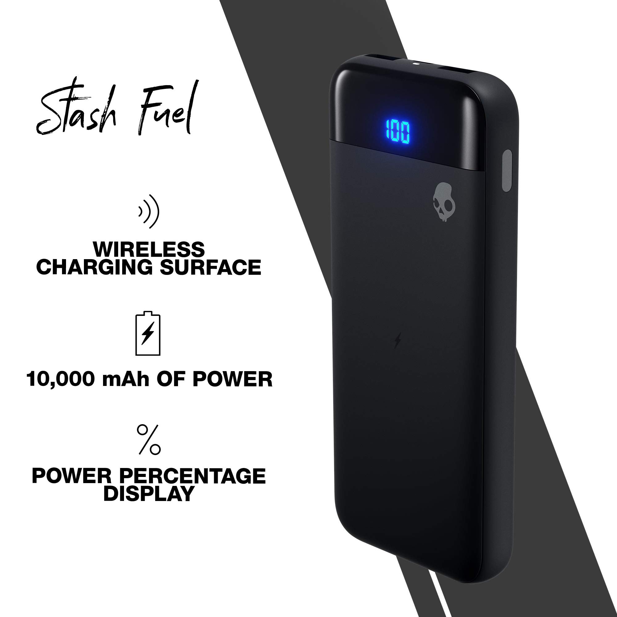 Skullcandy Stash Fuel 10000mAh Wireless Power Bank - 10W Fast Wireless Charger with USB-C & Dual USB-A Ports, Includes Micro USB/Type-C Cable (Grey/Blue) - Perfect for Travel, Camping & On-the-Go Charging