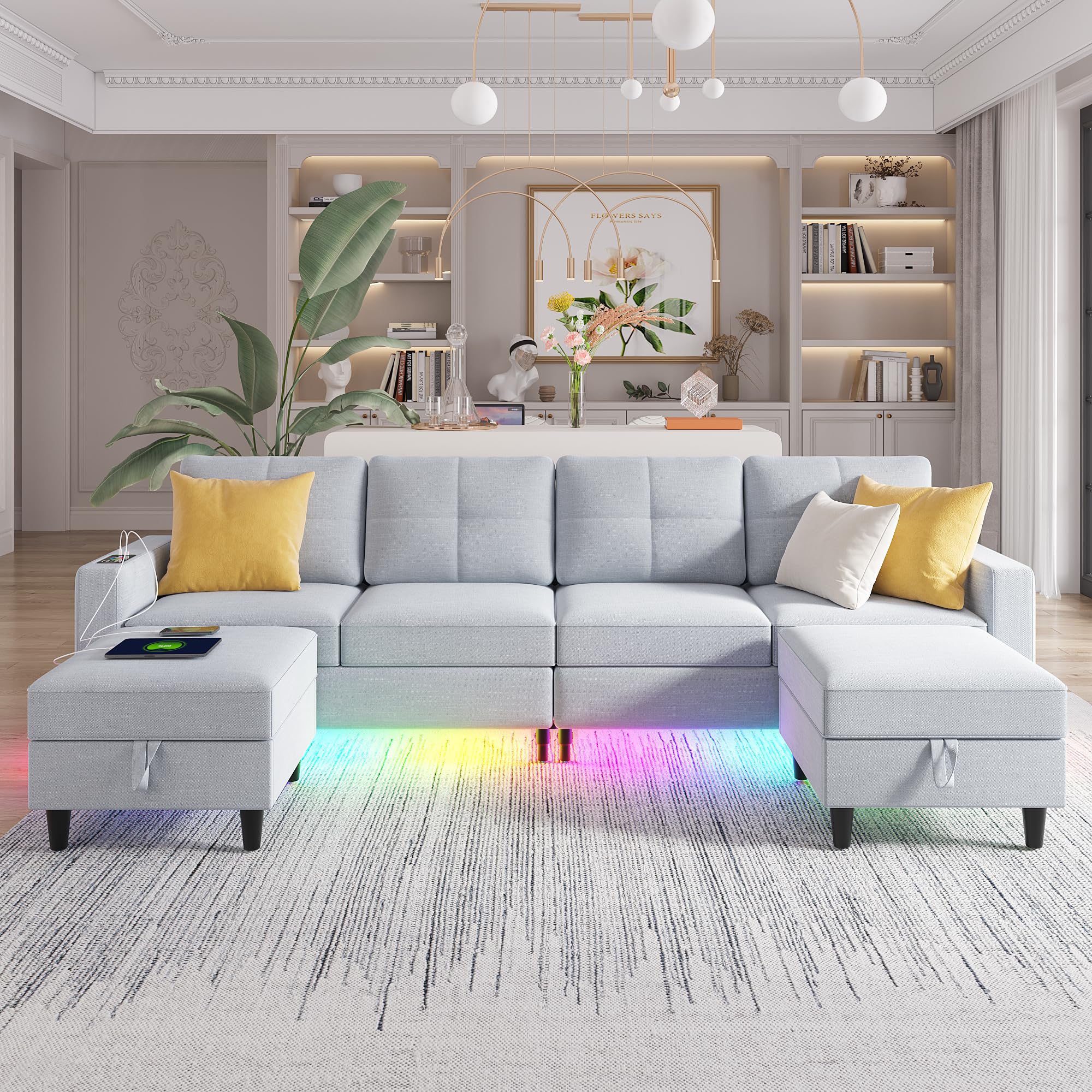 Modular Sectional Sofa Set with Storage Ottomans & RGB Lighting - U-Shaped Oversized LED Couches for Living Room with Auto Sensor Lights & USB Charging Station (Light Grey) - Perfect for Home Theater, Gaming Rooms & Modern Apartments