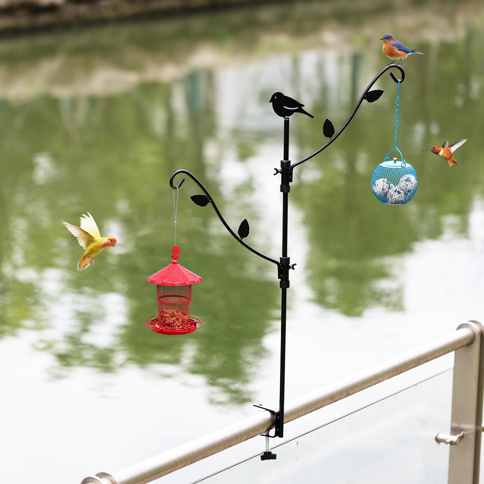Deck Bird Feeder Pole with Multi-Hook & Adjustable Branches - Sturdy Outdoor Bird Feeding Station for Porch, Garden, or Patio - Attract Cardinals, Finches & More