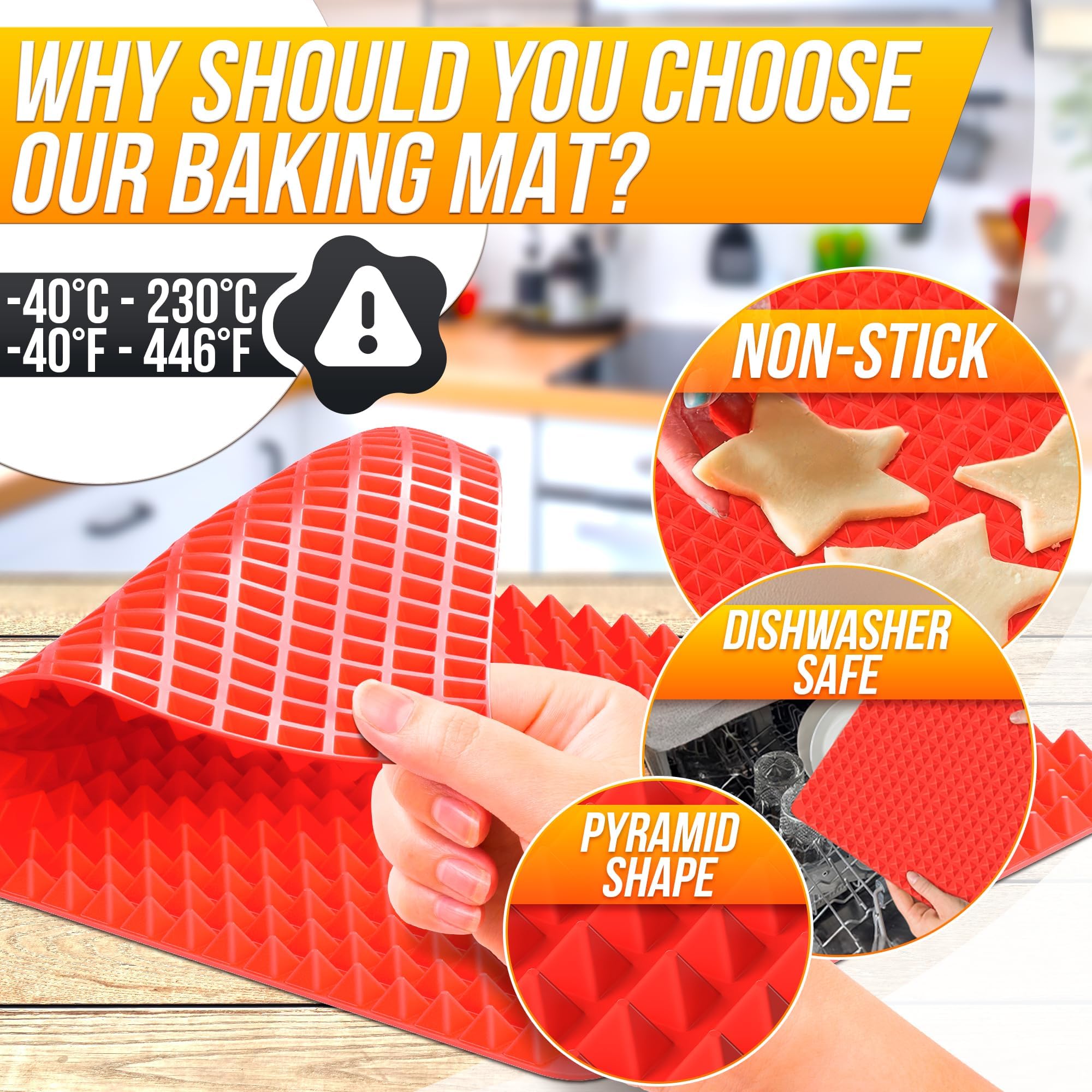 Non-Stick Silicone Baking Mat 16x11.5 Inches - Food Grade Oven & Microwave Safe Cooking Mat with Red Pyramid Design for Roasting, BBQ, Pastry Making - Fat Filtering, Flexible & Easy to Clean - Perfect for Baking Cookies, Roasting Vegetables & Cooking Bacon