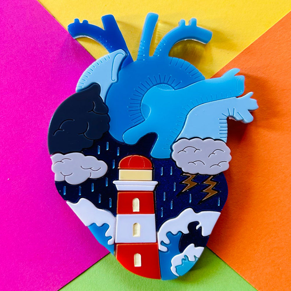 Stormy Heart Nautical Aesthetic Acrylic Brooch - Anatomical Hearts Collection by Makokot Design | Unique Handmade Pin for Jackets, Bags & Accessories