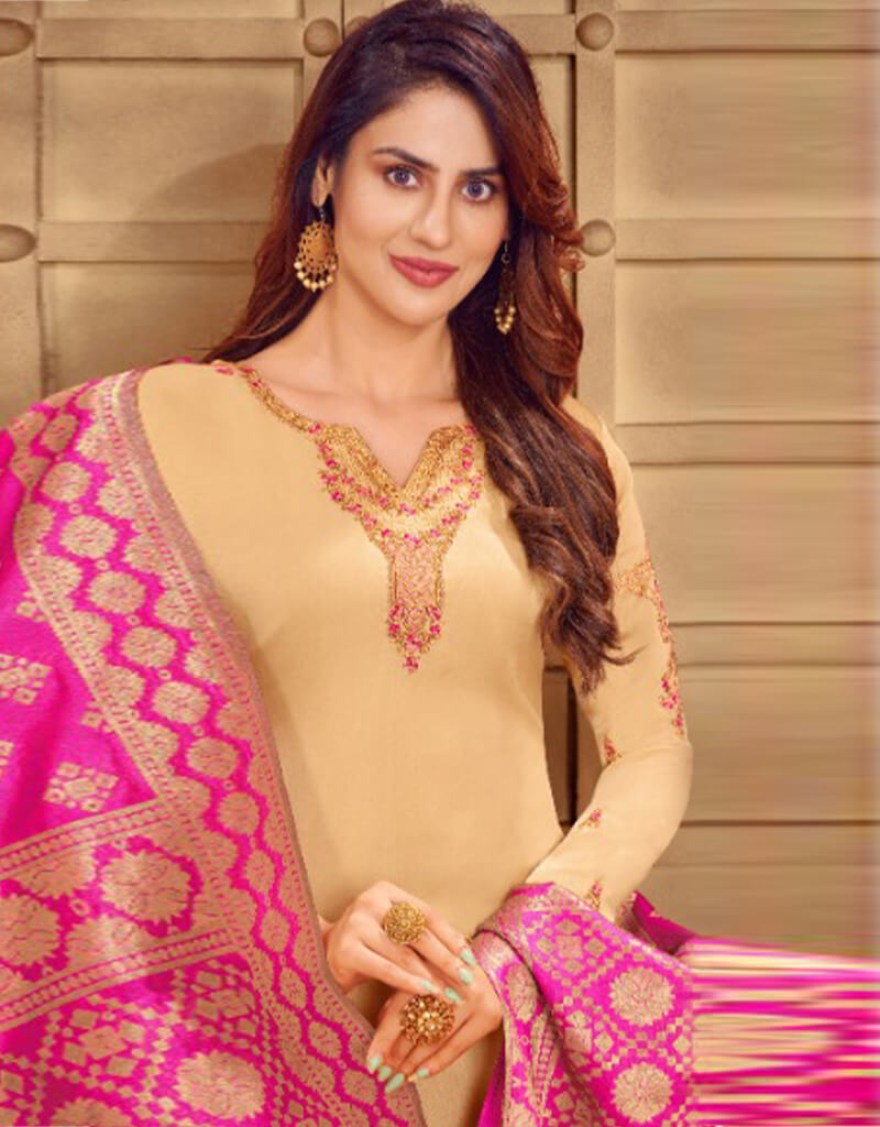 Elegant Beige Satin Georgette Chudidar Salwar Suits for Women - Traditional Indian Ethnic Wear for Weddings, Festivals & Special Occasions