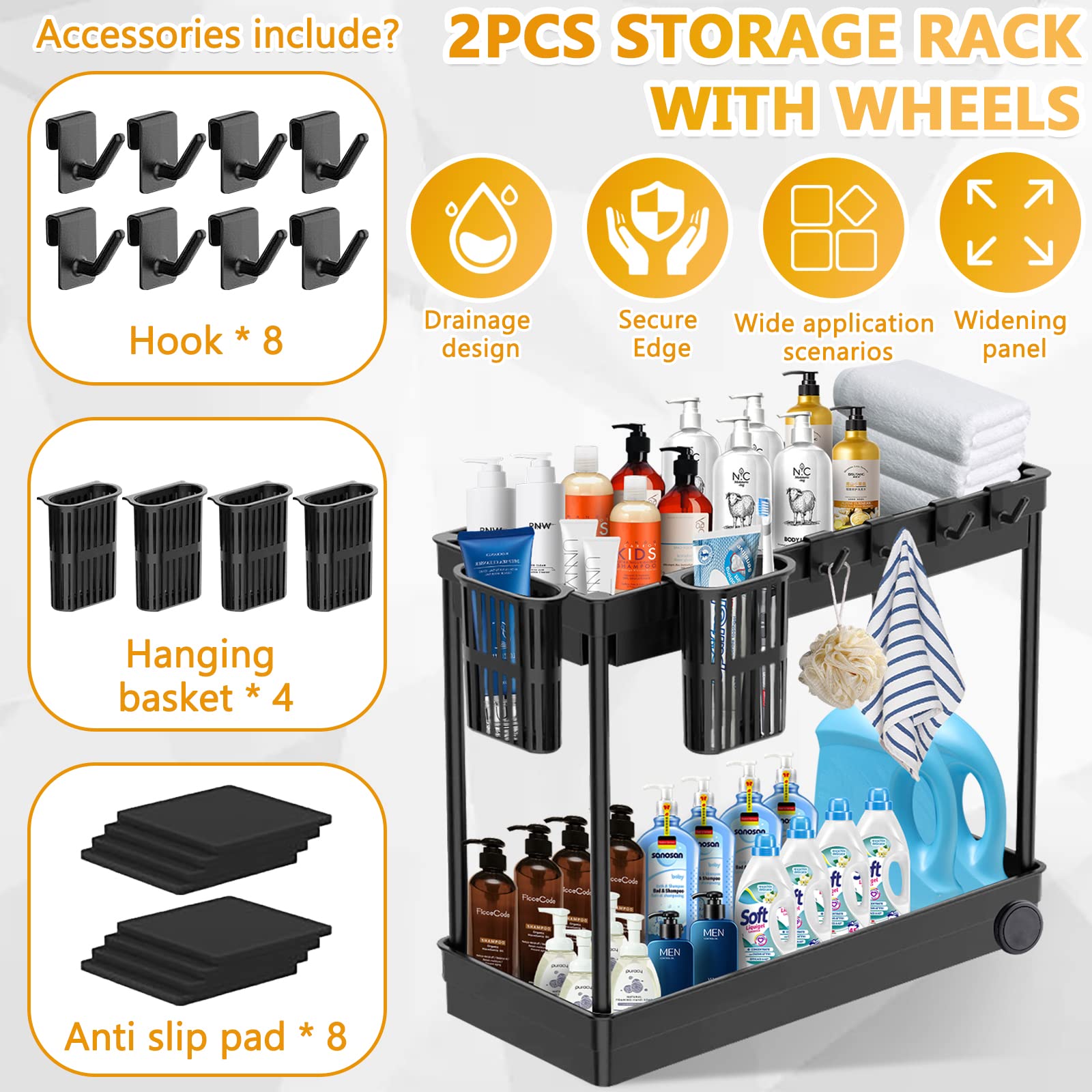 McNory 2-Tier Under Sink Organizer Shelf with 8 Hooks & 4 Hanging Cups - Bathroom & Kitchen Cabinet Storage for Sponges, Cleaning Supplies - Perfect for Small Spaces, Vanity, Countertop Organization