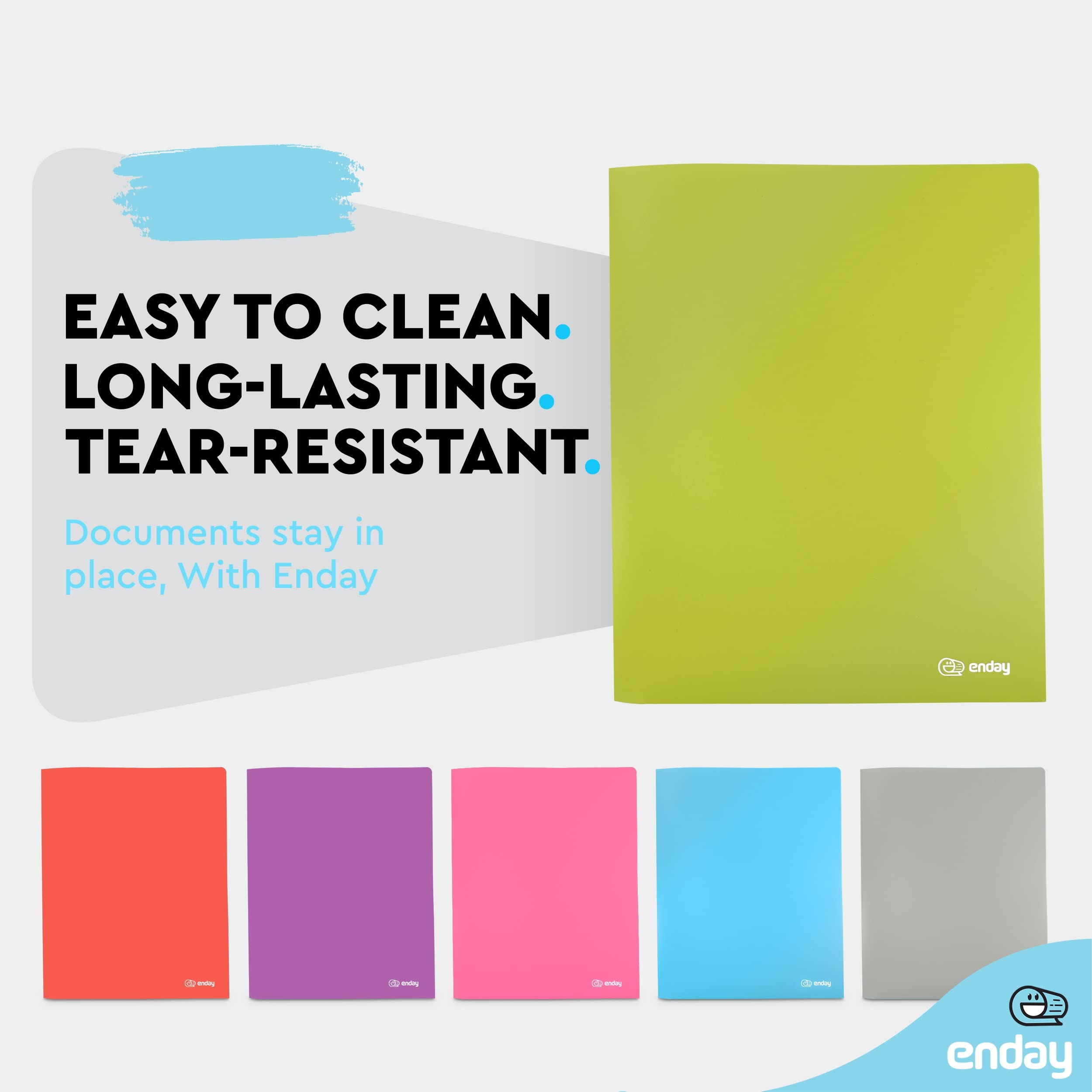 Durable 2-Pocket Plastic File Folders for School & Office - Letter Size, Heavy Duty Poly Portfolio in Green, Purple, Blue, Red, Pink & Grey (1-Pack) by Enday - Perfect for Organizing Documents, Homework & Office Papers