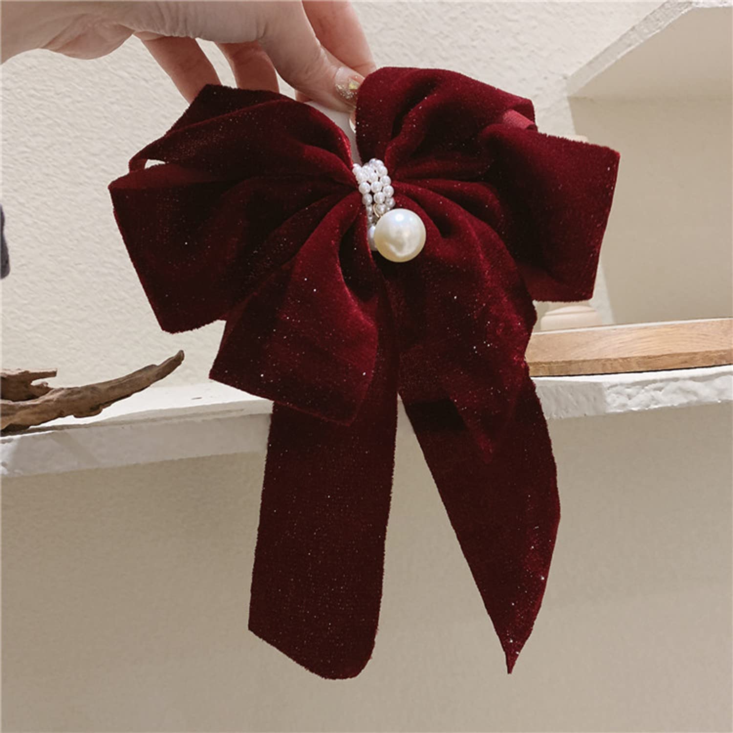 Elegant Big Bow Hair Clips with Pearl Accents - Large Soft Hair Barrettes for Women & Girls (Red) - Perfect for Weddings, Parties & Everyday Hair Accessories