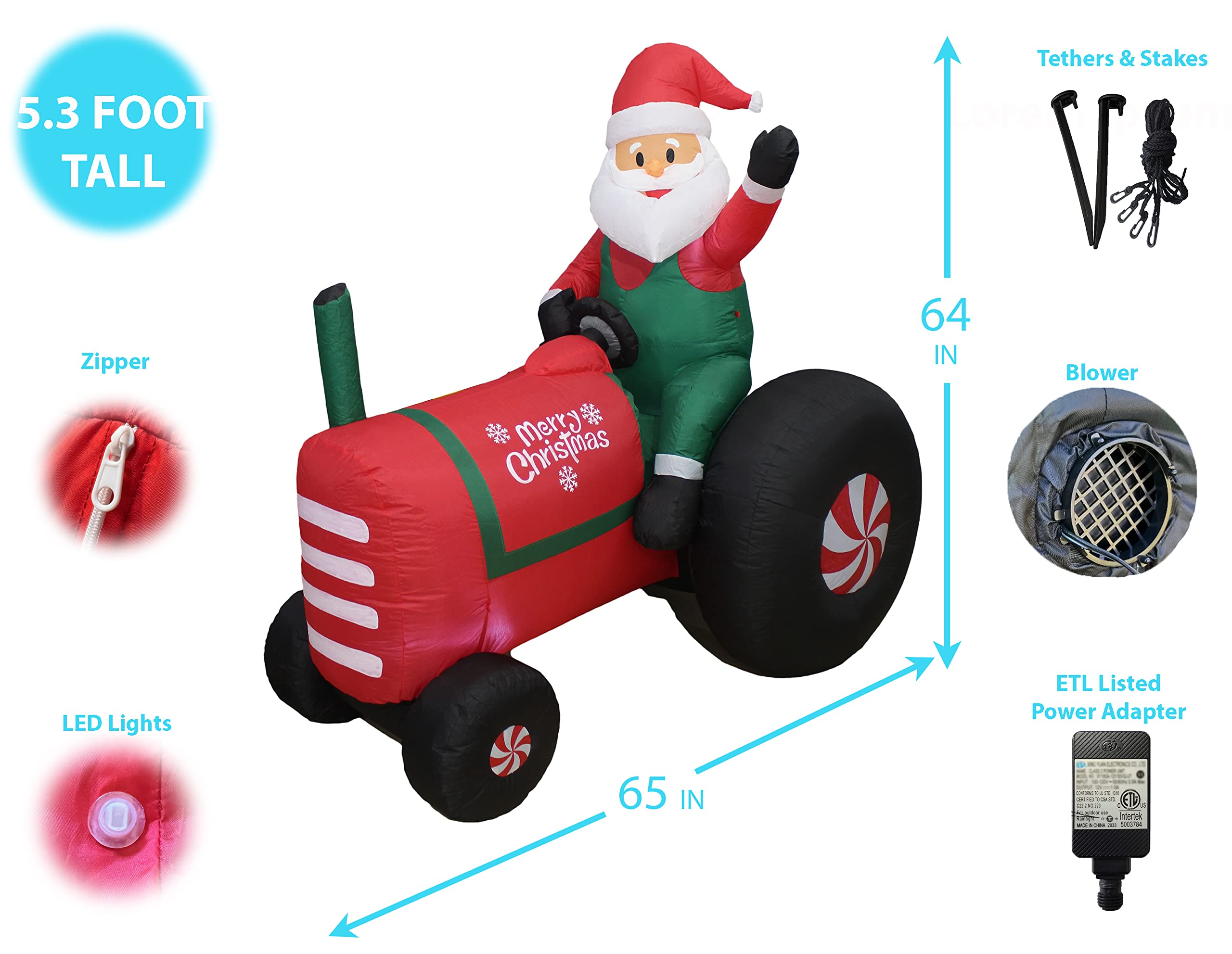 5.3FT Inflatable Santa Claus on Tractor & 8FT LED Christmas Tree with Gift Boxes - Outdoor Holiday Decor Set for Yard, Lawn, and Christmas Party Decoration