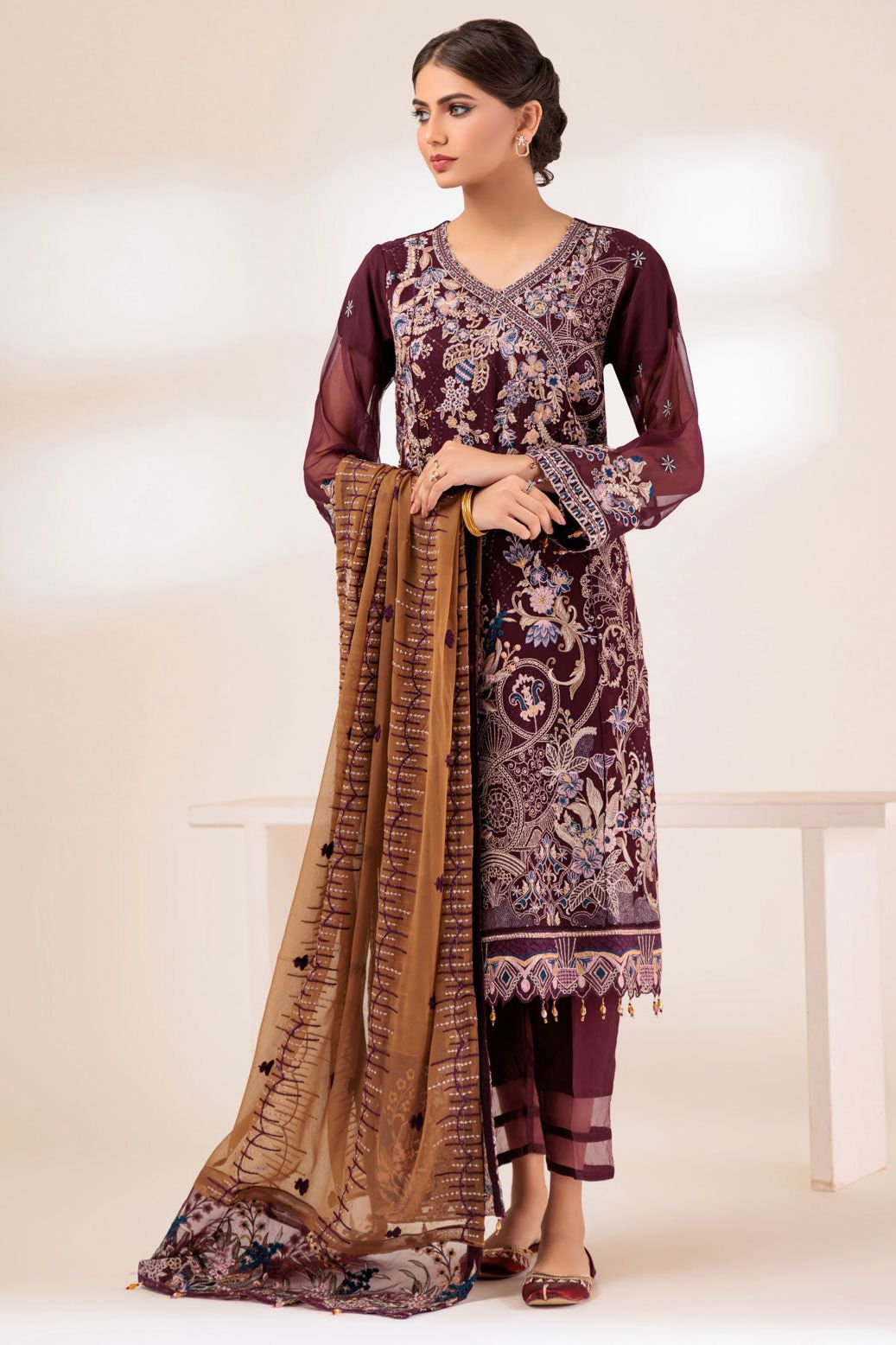 Elegant Chiffon Brown 3-Piece Suit Set for Women - Formal Office Wear & Special Occasions | Bonanza Fashion Collection