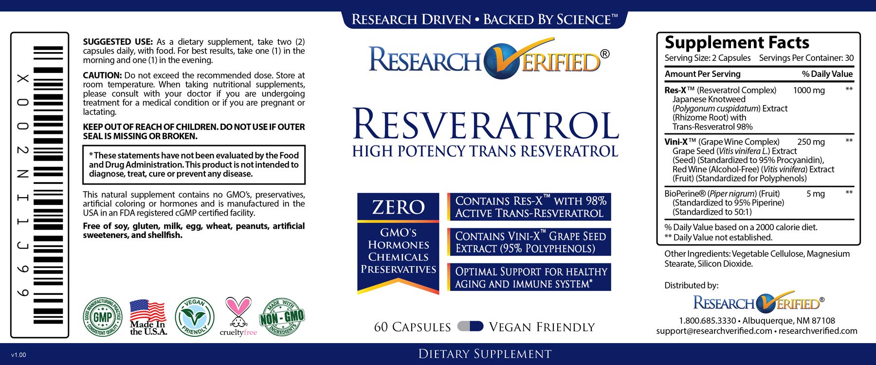 Research Verified Resveratrol 1000mg - 98% Pure Trans-Resveratrol Supplement for Anti-Aging & Cellular Health - 60 Capsules per Bottle (3-Pack) - Supports Heart Health, Longevity & Skin Radiance - Perfect for Daily Wellness Routine & Anti-Aging Regimen