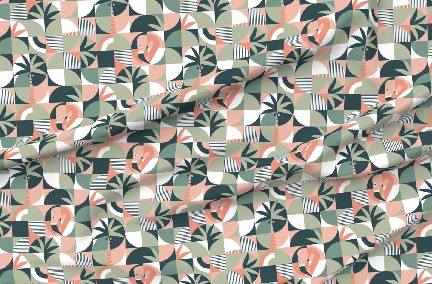 Geo Flamingos Geometric Abstract Flamingo Palm Coral Peach Sage Printed Minky Fabric Fat Quarter - Soft Baby Blanket Material, Quilt Backing, Plush Sewing Fabric for DIY Projects & Nursery Decor