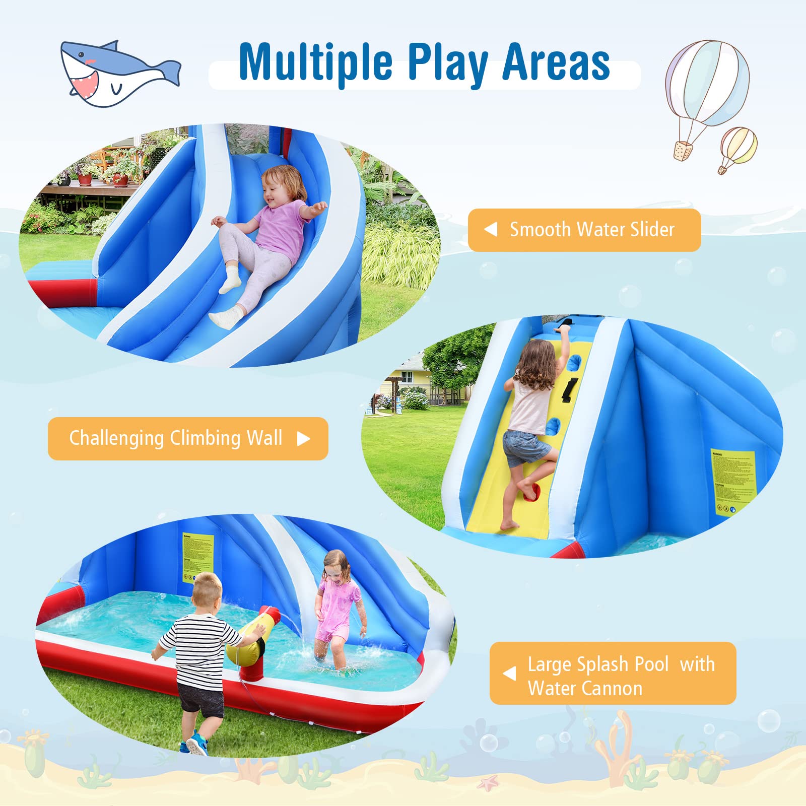**HONEY JOY Shark Theme Inflatable Water Slide - Backyard Bounce House with Climbing Wall for Kids & Adults, Indoor Outdoor Water Park Fun (Blower Not Included) | Perfect for Summer Parties, Birthdays & Family Gatherings**