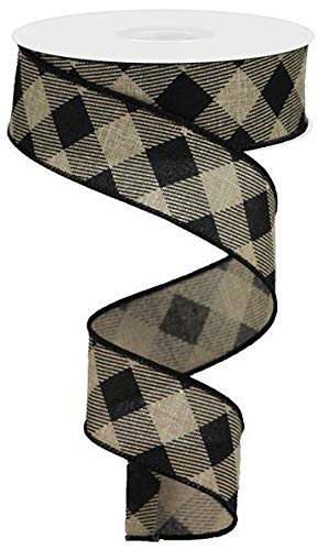 Diagonal Plaid Check Wired Edge Ribbon - 10 Yards (Beige, Black, 1.5