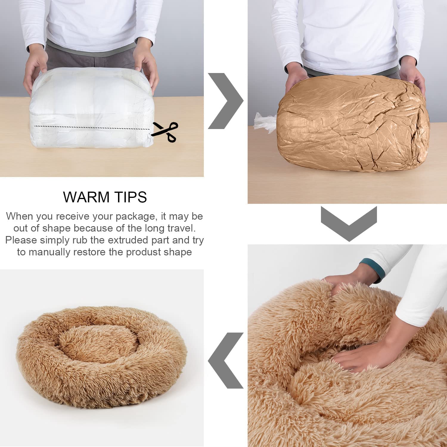 Soft Faux Fur Donut Pet Bed - Round Plush Cuddler for Dogs & Cats, Calming Bed for Small Medium Large Pets - Perfect for Cuddling, Napping & Anxiety Relief