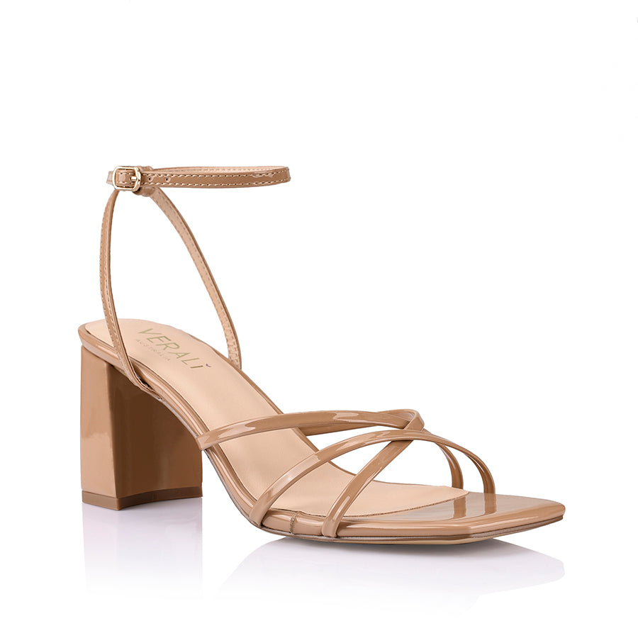 Nakita Women's Block Heel Sandals - Dark Camel Patent Leather Comfortable Dress Shoes for Wedding, Party & Office Wear