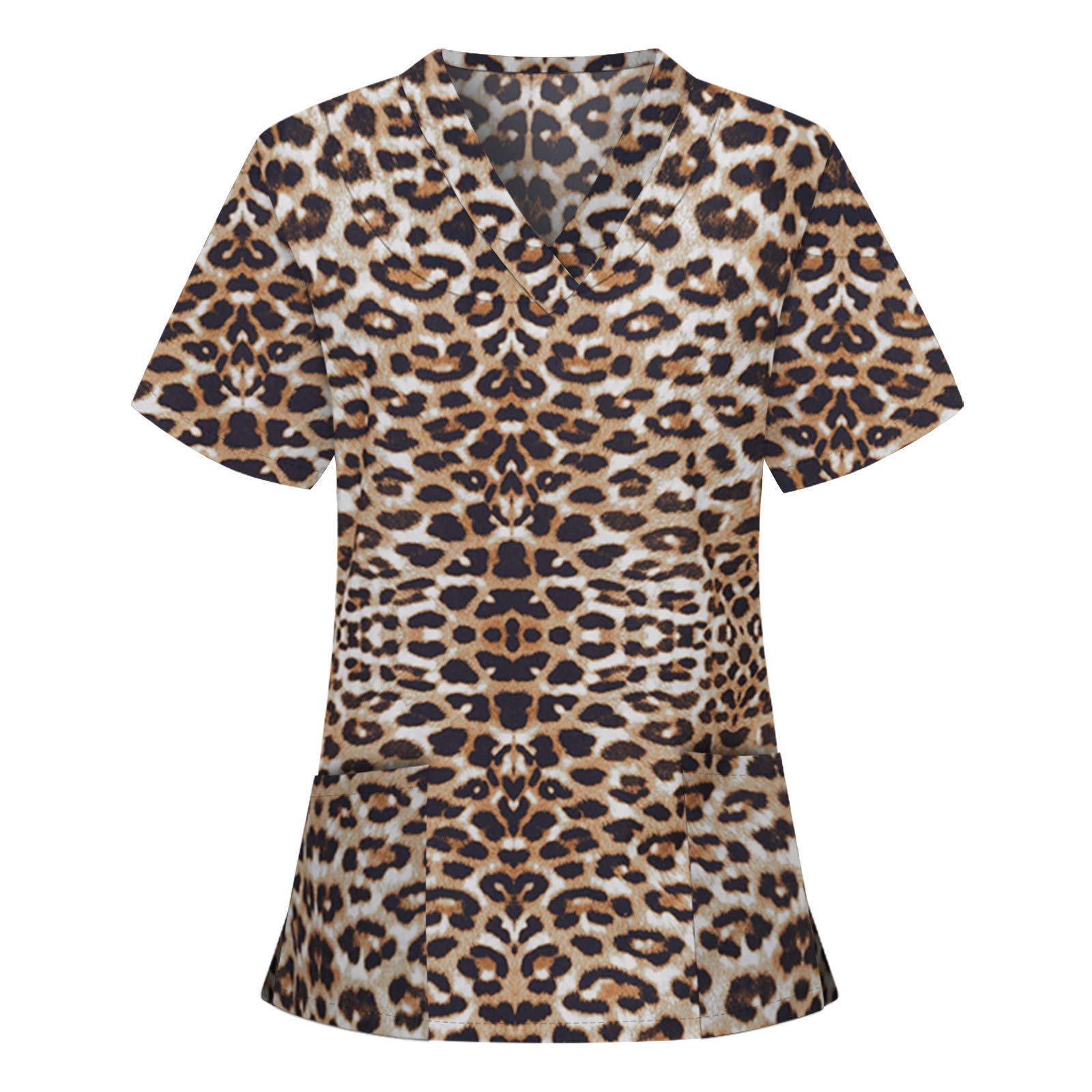 Women's Leopard Print Nursing Tops - Short Sleeve V-Neck Scrub Blouse with Pockets | Comfortable Maternity & Work Shirts for Summer | Perfect for Breastfeeding, Nursing, and Healthcare Professionals
