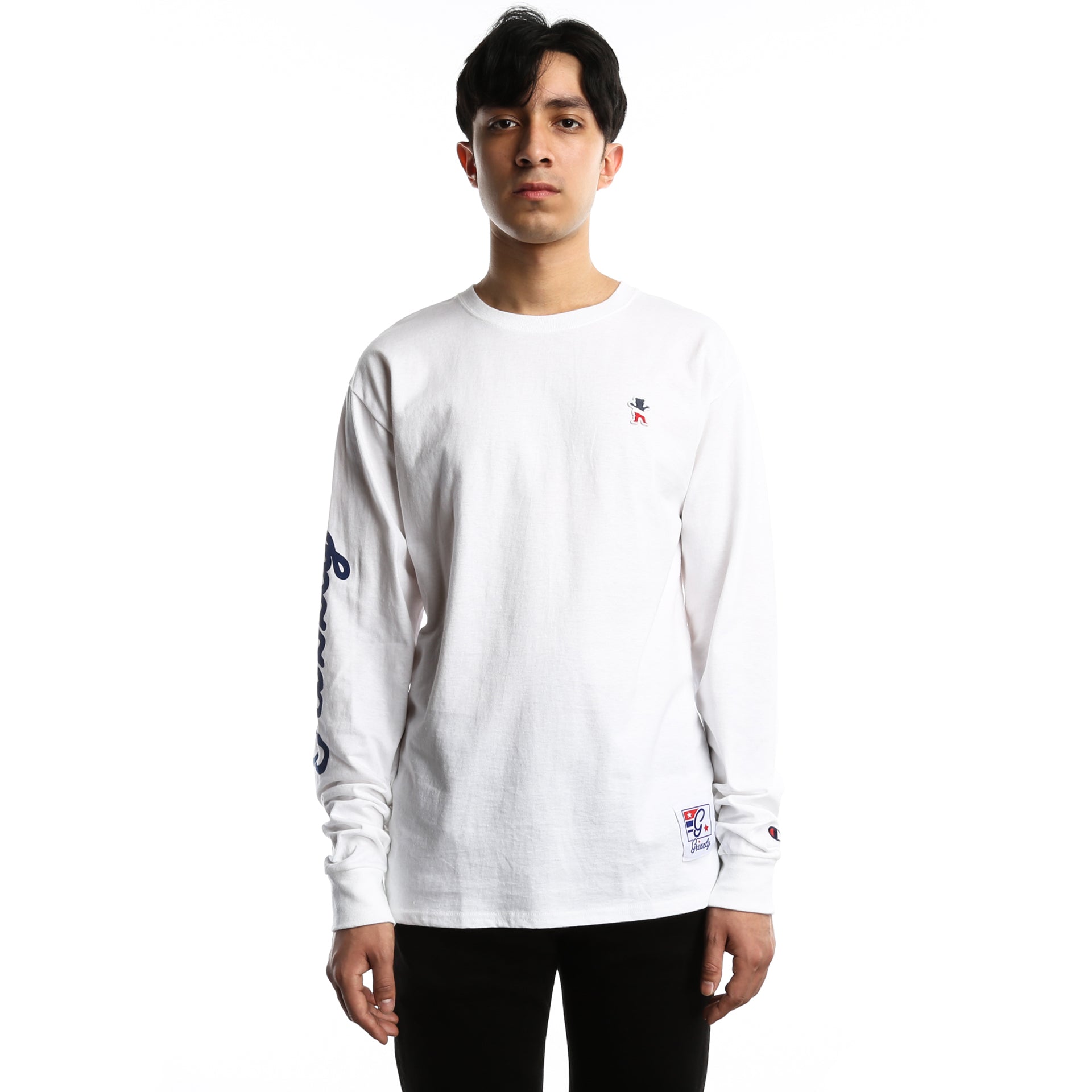 Grizzly x Champion Behind The Arch Long Sleeve T-Shirt for Men - Soft Cotton Crewneck Tee - White Casual Shirt for Streetwear & Everyday Wear