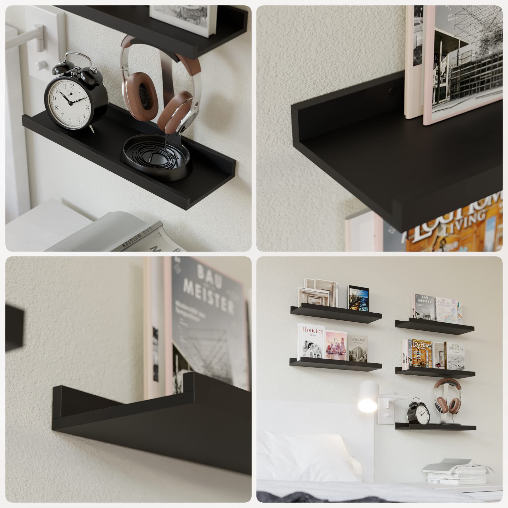 RICHER HOUSE 5-Piece Floating Wall Shelves Set - Black Modern Picture Ledge with Lip for Storage | Wall Decor for Nursery, Bedroom, Living Room & Bathroom - Perfect for Displaying Photos, Books & Decorative Items