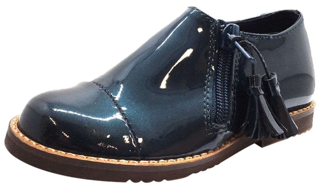 Luccini Boys Girls Teal Patent Leather Tassel Loafers with Zipper & Natural Sole - Stylish School Shoes for Kids, Comfortable Casual Flats for Daily Wear