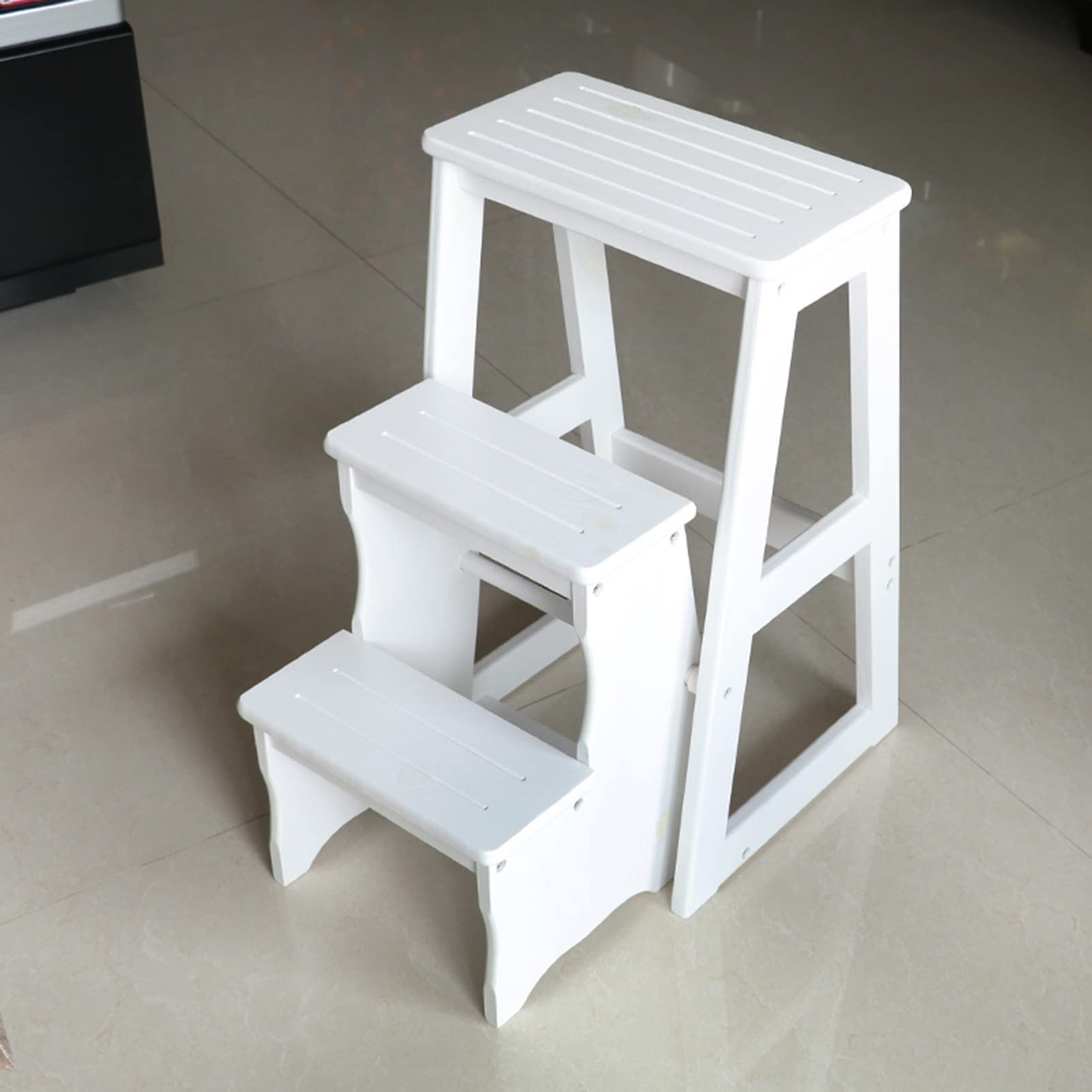 XHALERY 3-Step Wooden Stool Ladder - Foldable Multifunctional Step Stool for Home, Kitchen, Bathroom & Storage - Compact Wooden Step Ladder with Shelf Support for Plants & Decor