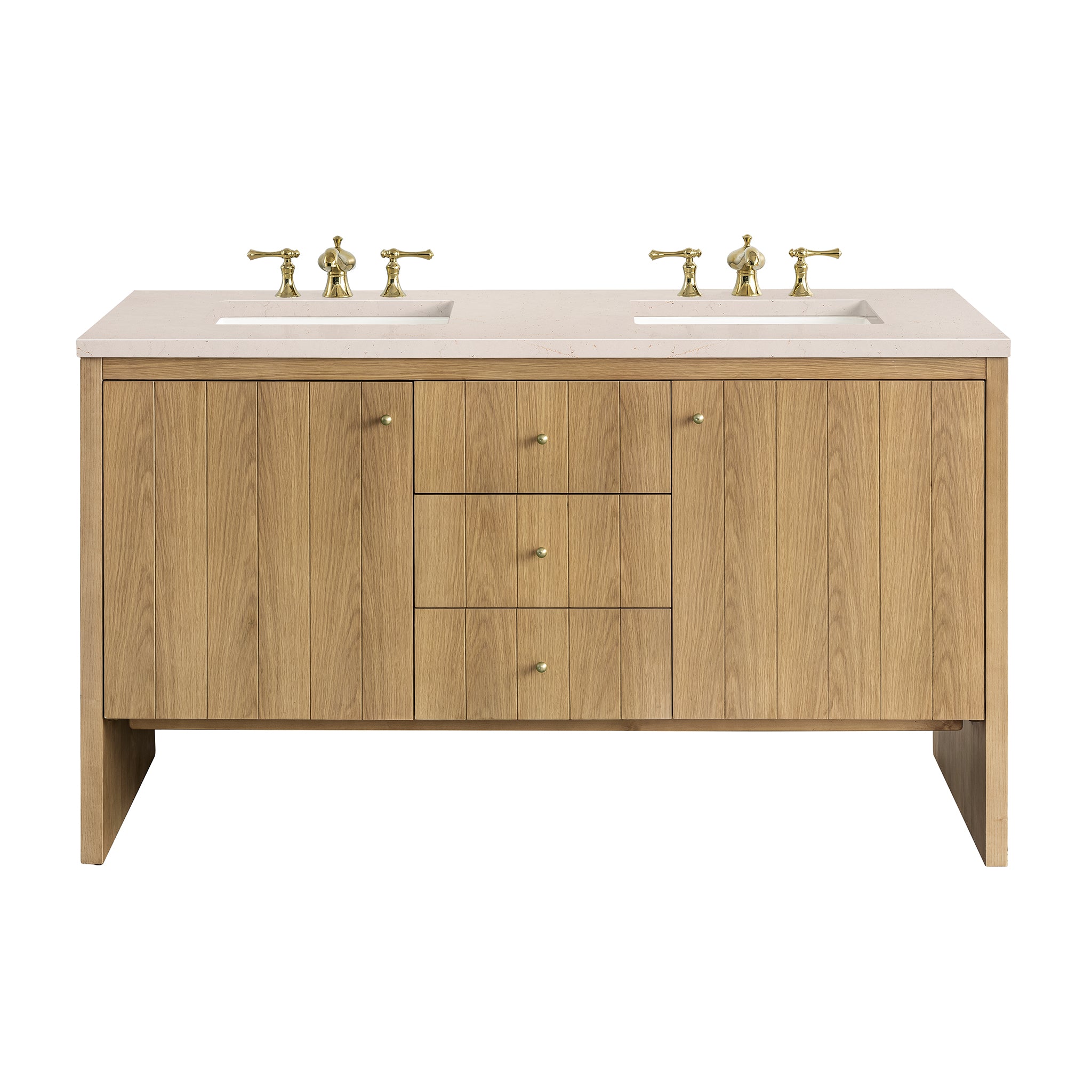 Hudson 60 Inch Double Bathroom Vanity with Light Natural Oak Finish and 3CM Eternal Marfil Stone Top – Perfect for Master Bathroom or Guest Bathroom Renovation