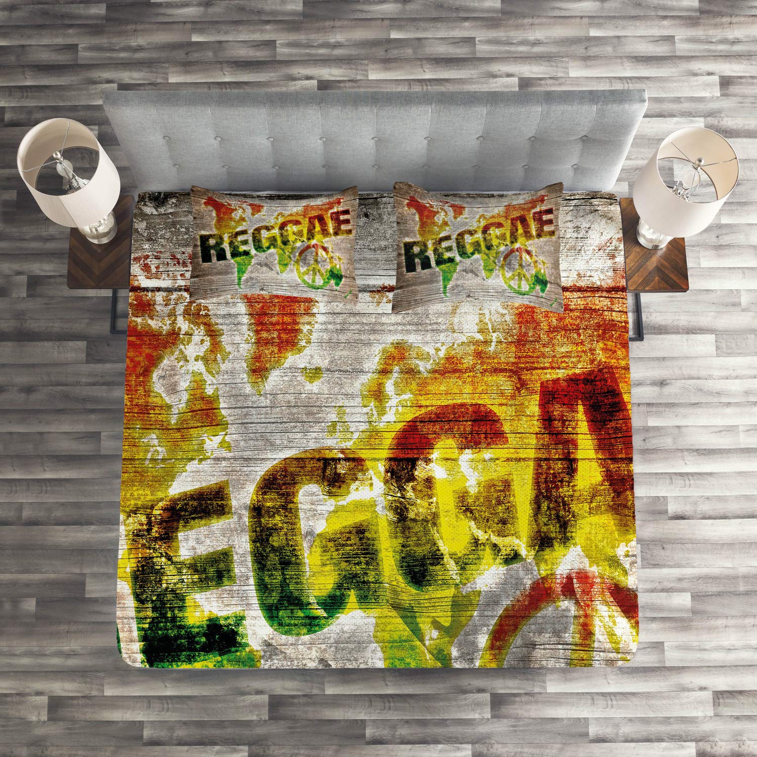 Ambesonne Rasta Coverlet Set - King Size 3-Piece Quilted Bedspread with World Map, Reggae Lettering & Peace Design, 2 Pillow Shams in Pale Brown Orange | Bohemian Home Decor for Bedroom, Dorm, Guest Room