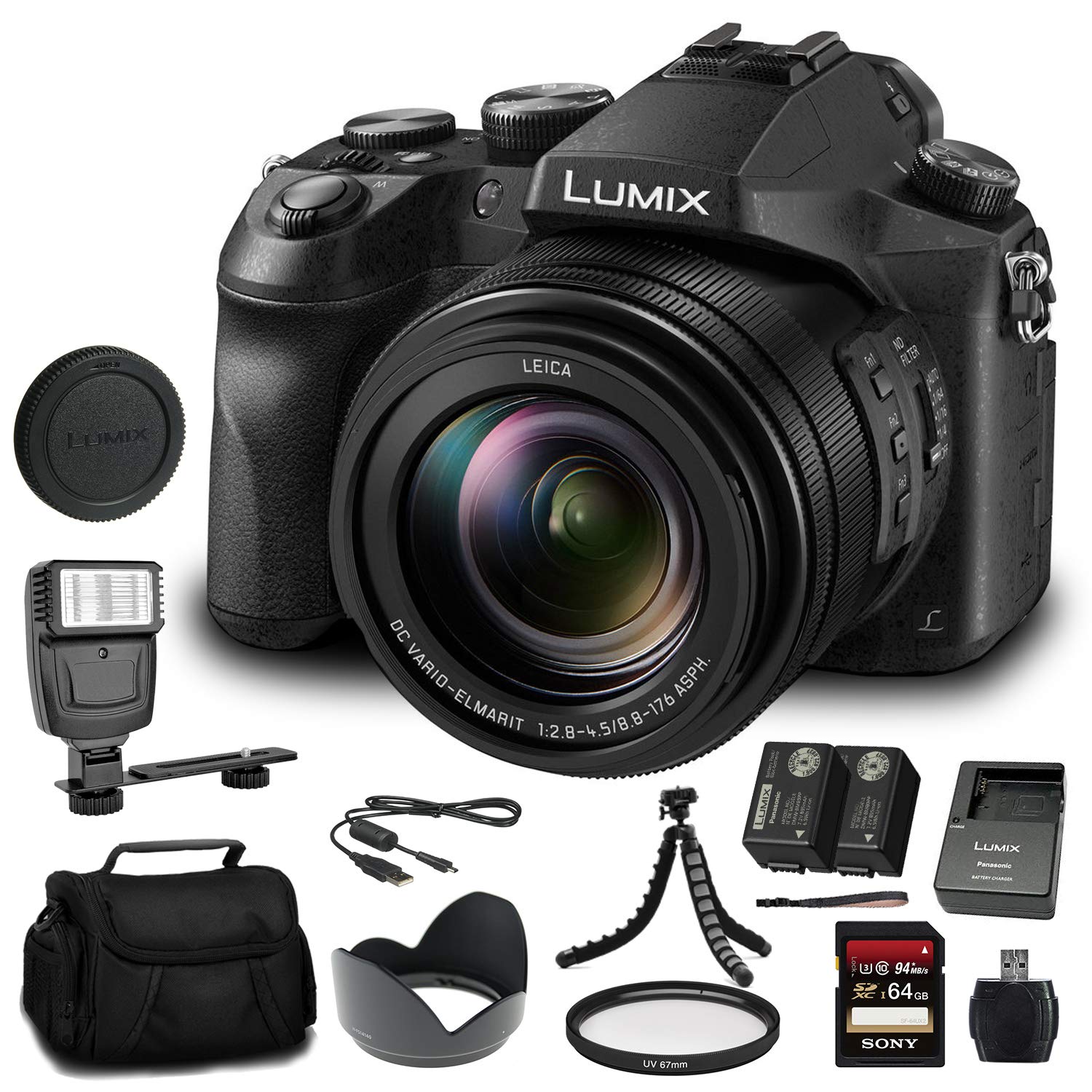 Panasonic Lumix DMC-FZ2500 4K Digital Camera Bundle with 64GB SD Card, Extra Battery, Flash, Tripod & Accessories - Perfect for Travel Photography, Vlogging & Professional Shooting
