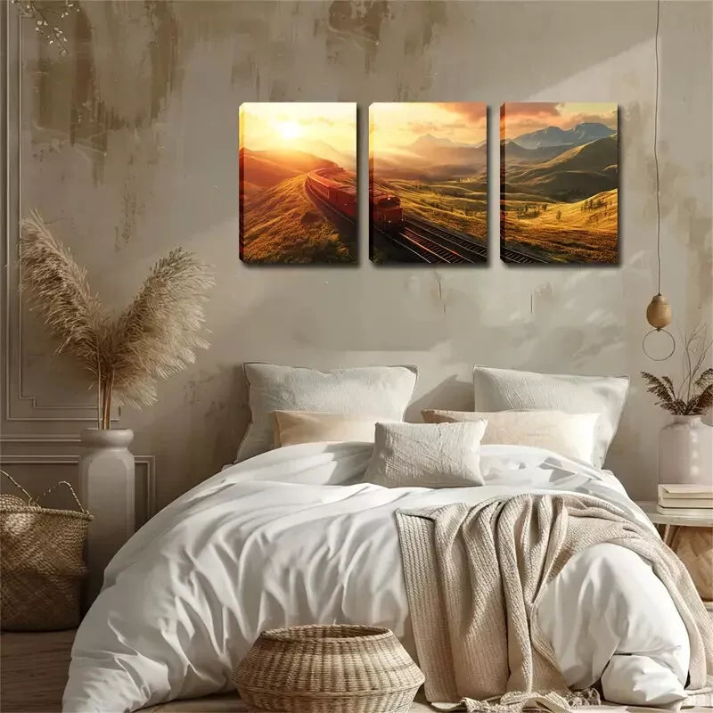 3-Piece Scenic Mountain Train Sunset Landscape Wall Art Set - Framed Canvas 40x60cm - High Quality Print - 100% Australian Made - Ready to Hang - Perfect for Living Room, Bedroom & Office Decor