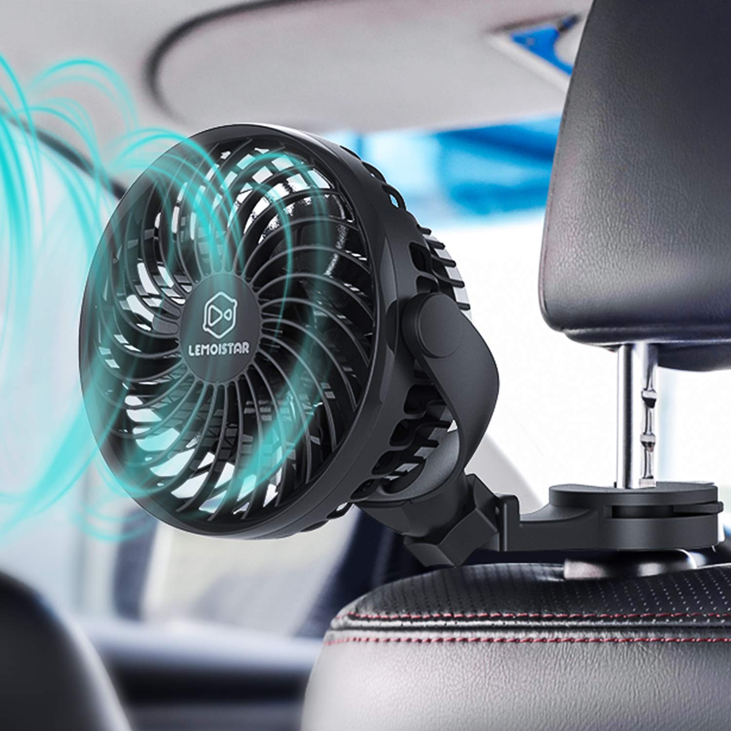 LEMOISTAR USB Car Fan - 4 Speed Adjustable, 360° Rotatable with Multi-Directional Hook | Portable Vehicle Air Circulator for Rear Seat Passengers & Pets | Perfect for Road Trips, Summer Commutes & Pet Travel