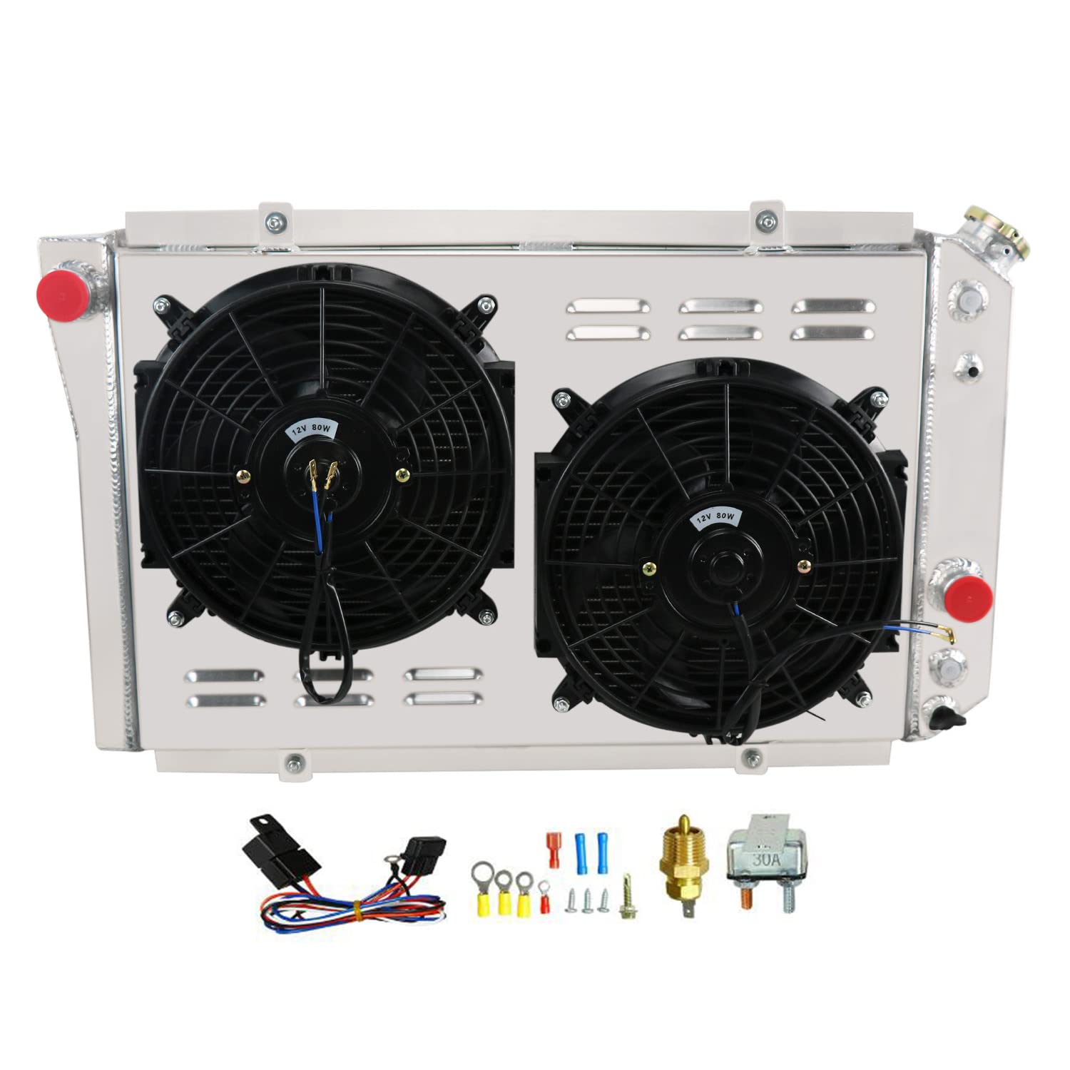 Chevy S10 Radiator - All Aluminum 4 Row Core CU829 Replacement for 1982-2002 Chevy S10, Blazer & Corvette 5.7L SBC V8 | Includes Radiator Shroud, Fan & Relay Kit | Perfect for Engine Cooling & Performance Upgrades