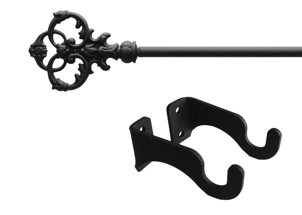 Victorian Style Wrought Iron Decorative Curtain Rod Set with Finials & Hardware - Small Window Treatment for Living Room, Bedroom, or Cottage Decor
