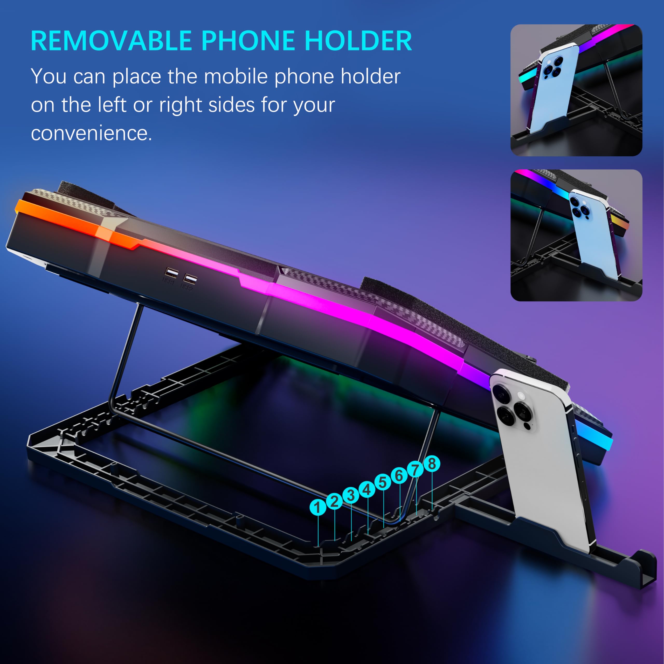 Powerful Turbo Fan RGB Gaming Laptop Cooling Pad with 8 Adjustable Heights & Phone Holder - Blue LED Light for 14-19 Inch Notebooks | Perfect for Gaming, Work & Home Office Use