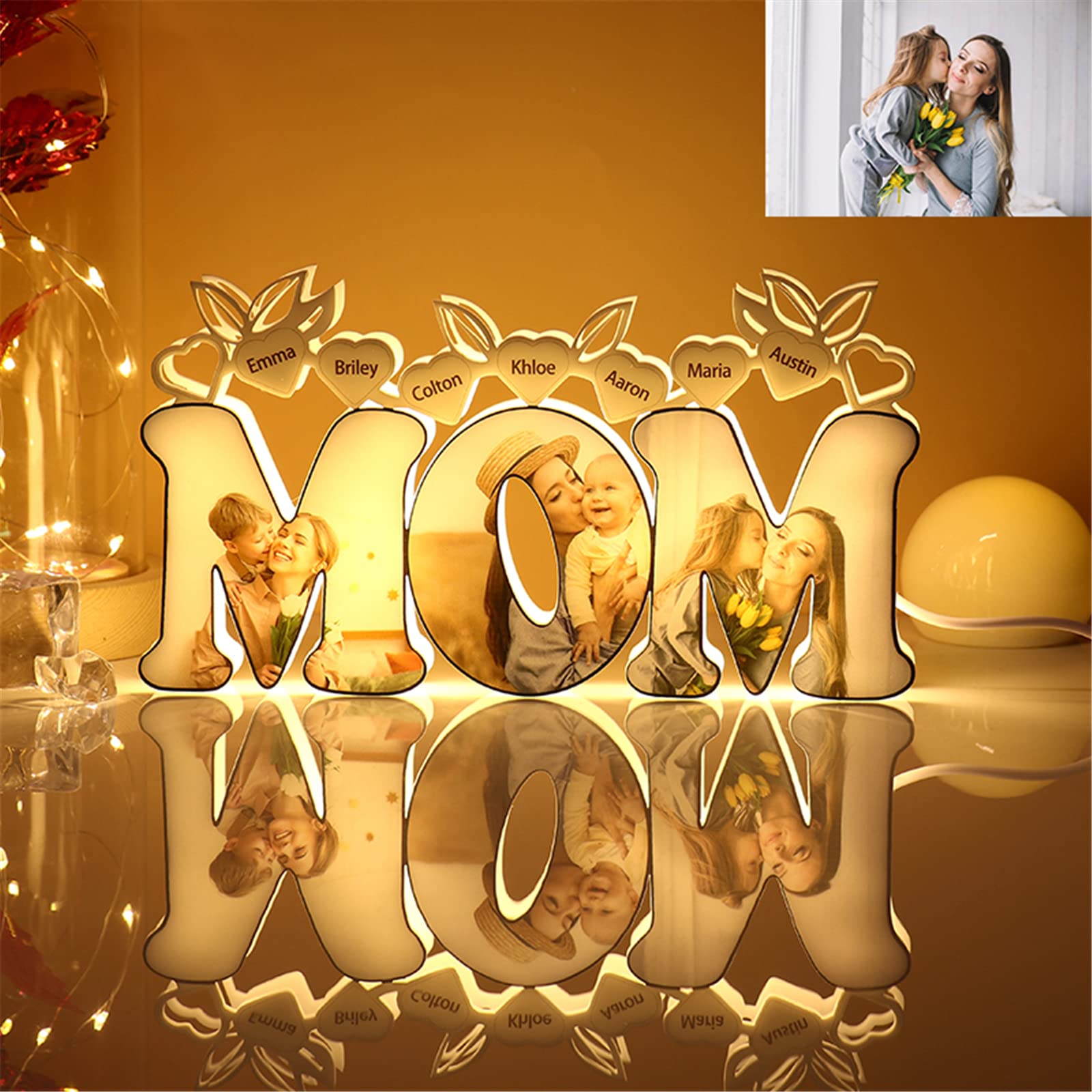 Custom Personalized Photo Night Light with Name - Acrylic Bedside Lamp for Mom, Mother's Day, Birthday Gift - Perfect for Bedroom Decor, Nursery, Romantic Ambiance (MOM)