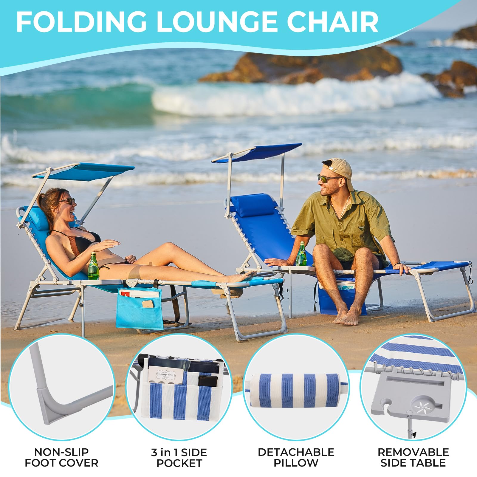 WEJOY Adjustable Patio Chaise Lounge Chair with Canopy & Side Table - 5-Position Recliner, Face Hole & Storage Pocket - Portable Folding Beach Chair for Poolside, Lawn, Camping & Sunbathing - Perfect for Outdoor Relaxation by the Pool, Beach or Backyard