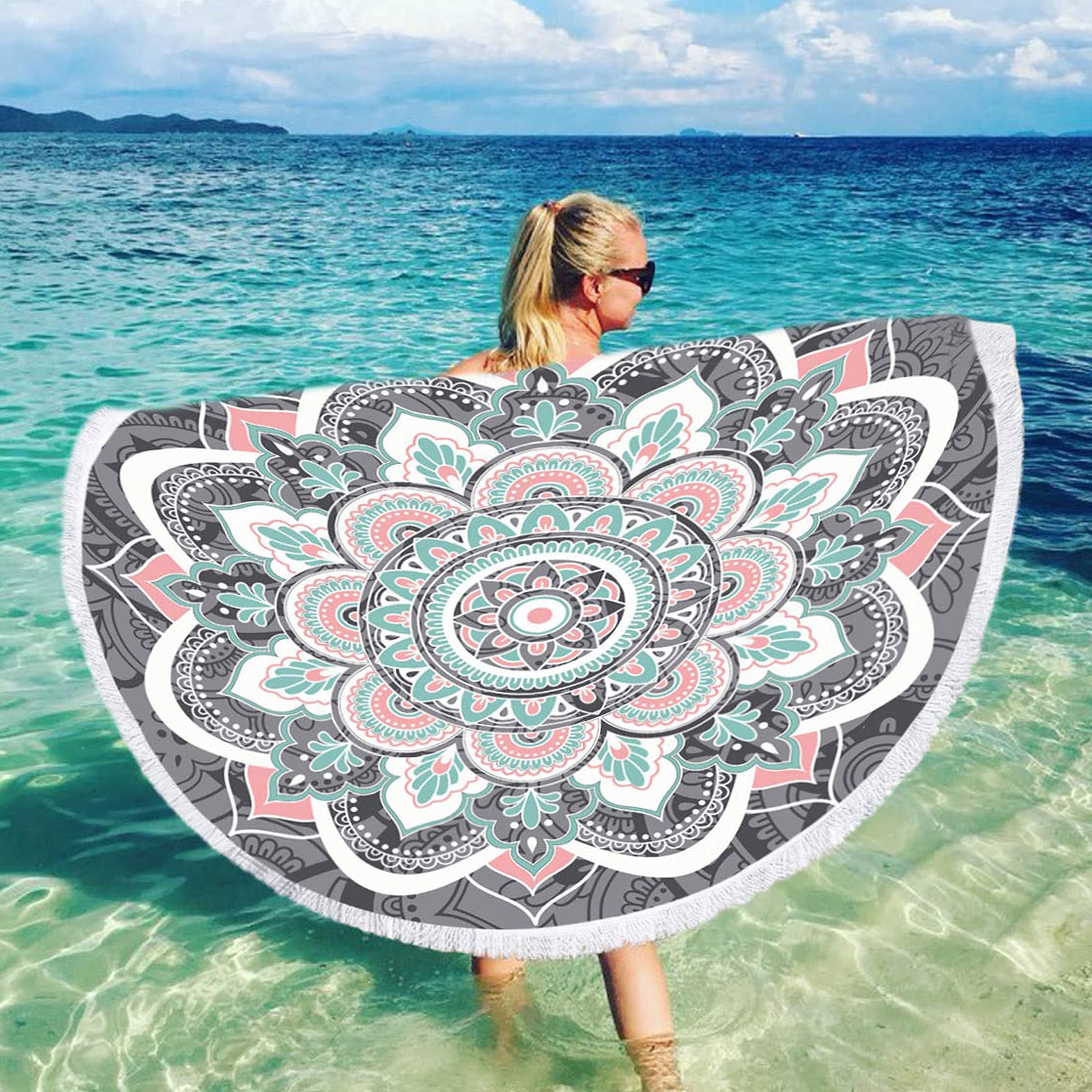 Mandala Round Beach Towel - Large Microfiber Yoga Mat & Picnic Blanket for Adults & Kids - Perfect for Beach, Yoga, Camping and Outdoor Activities
