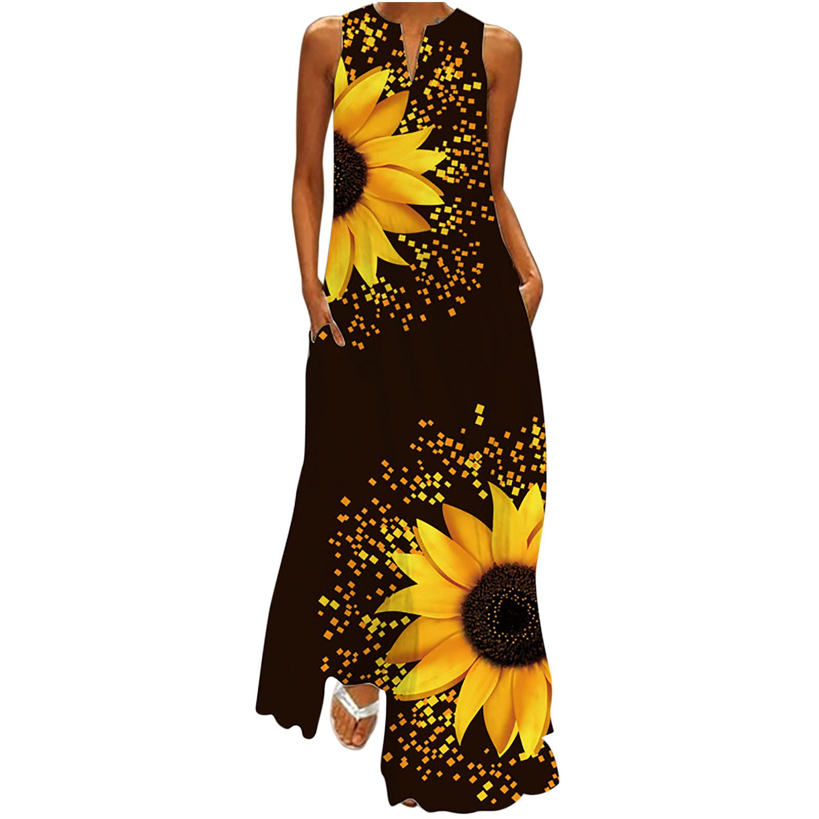 Vintage Maxi Dresses for Women - Sleeveless Sunflower Floral Print Crew Neck Loose Long Dress with Pockets | Summer Beach Wear, Casual Outfit, Boho Chic Style